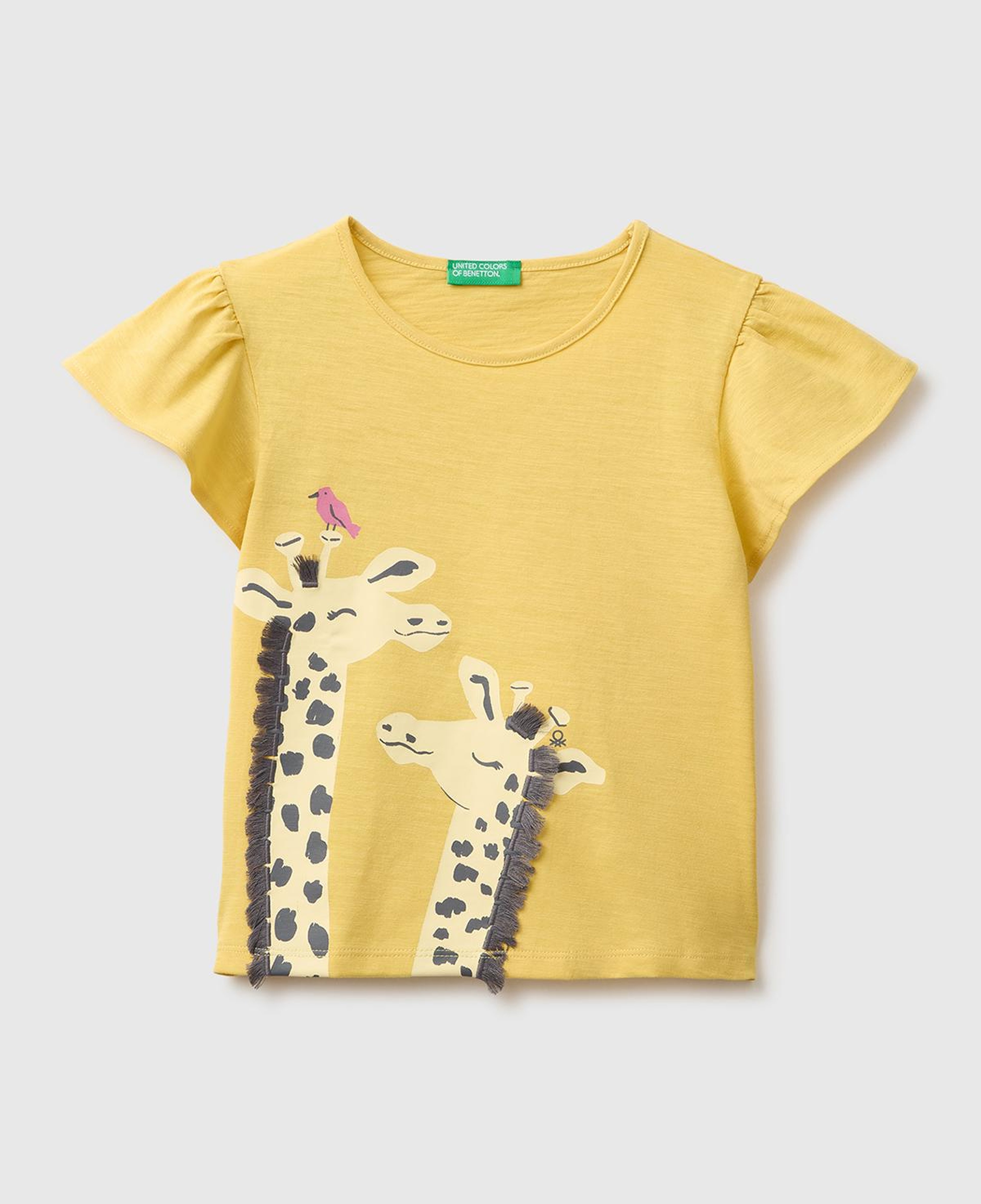 Kız Çocuk Hardal Sarısı Baskı ve Püskül Detaylı Regular Fit T-Shirt