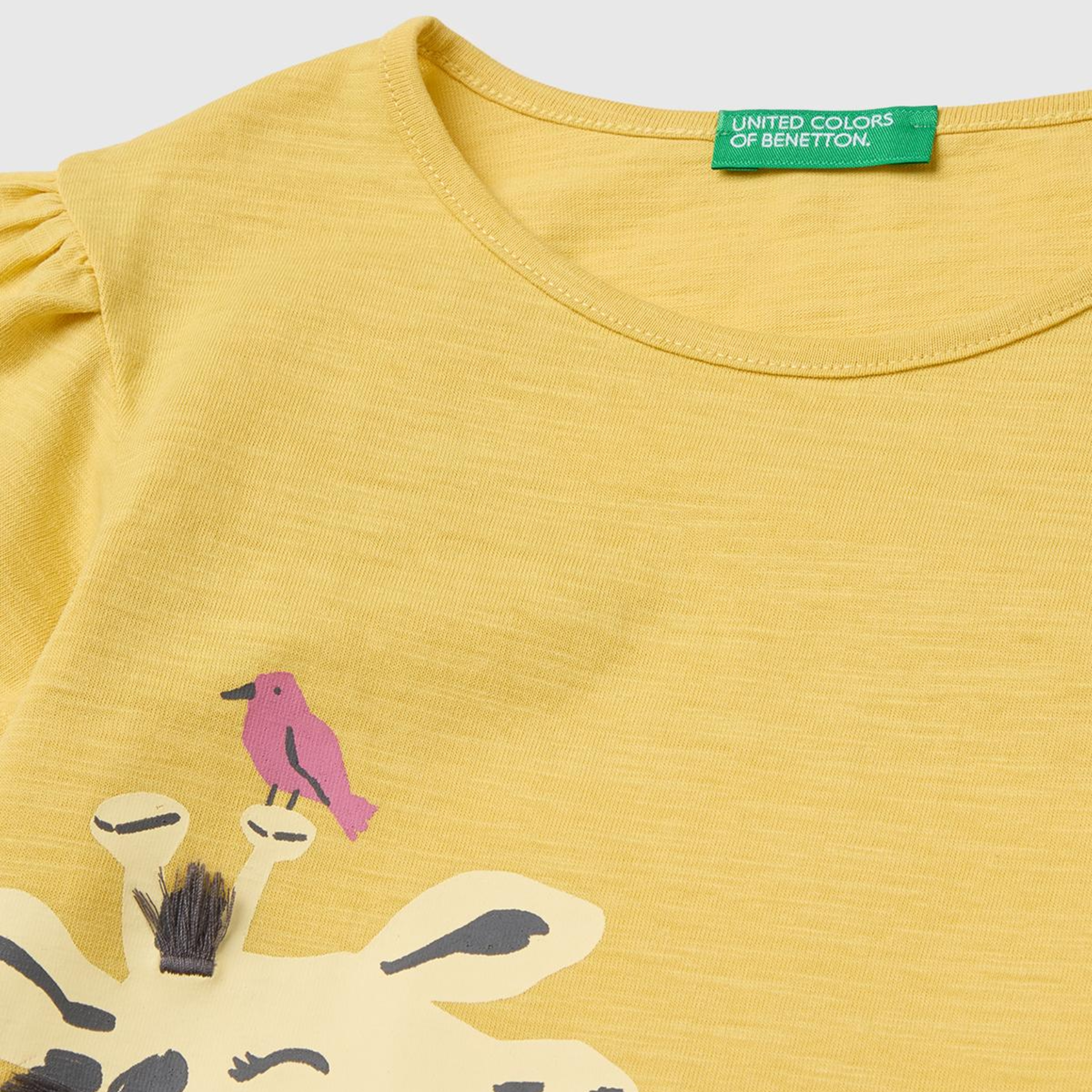 Kız Çocuk Hardal Sarısı Baskı ve Püskül Detaylı Regular Fit T-Shirt