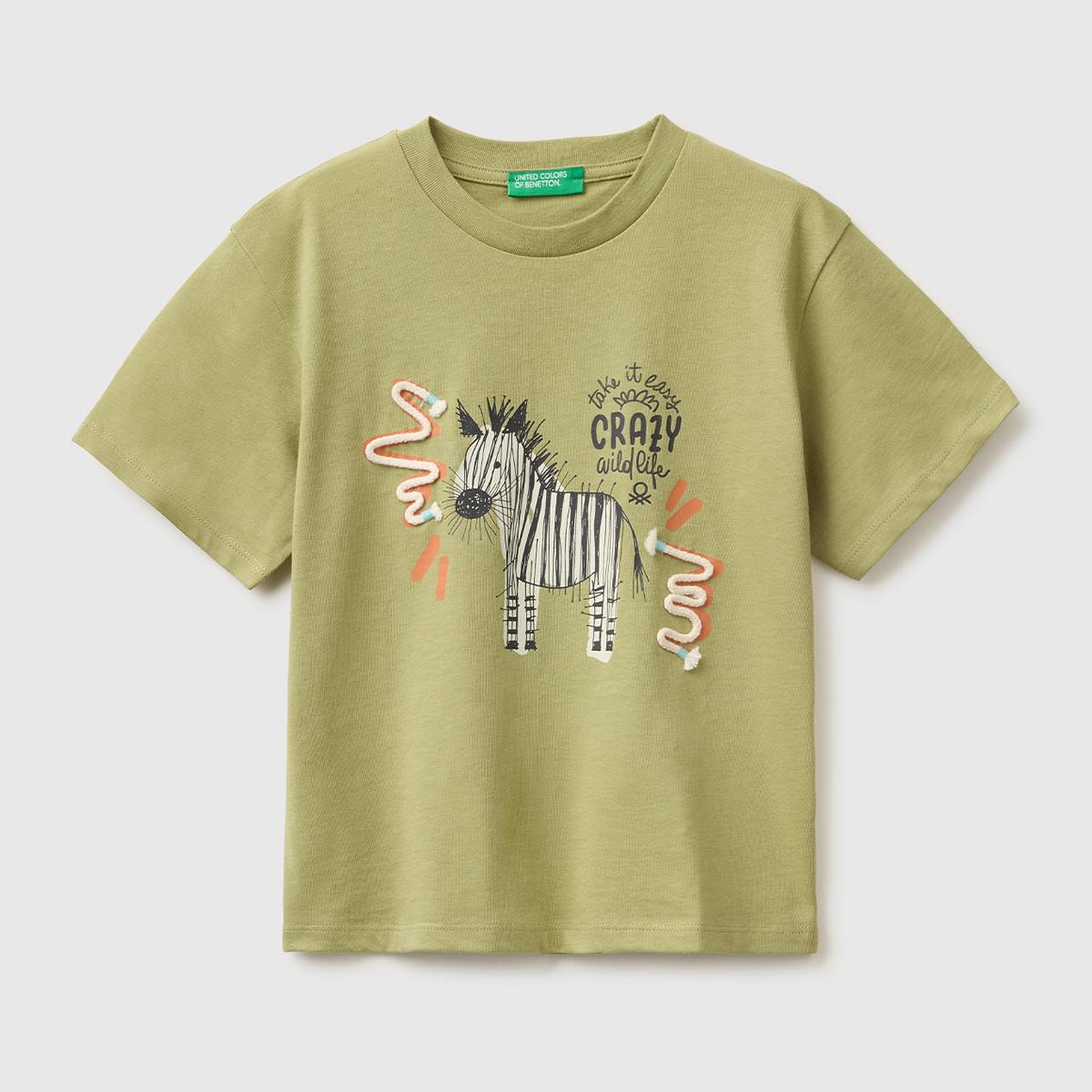 Erkek Çocuk Haki Baskı ve Aplike Detaylı Bisiklet Yaka T-Shirt