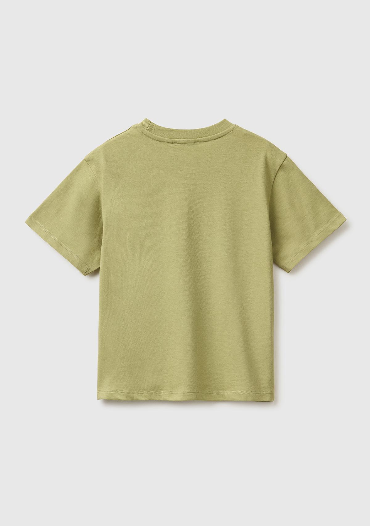 Erkek Çocuk Haki Baskı ve Aplike Detaylı Bisiklet Yaka T-Shirt