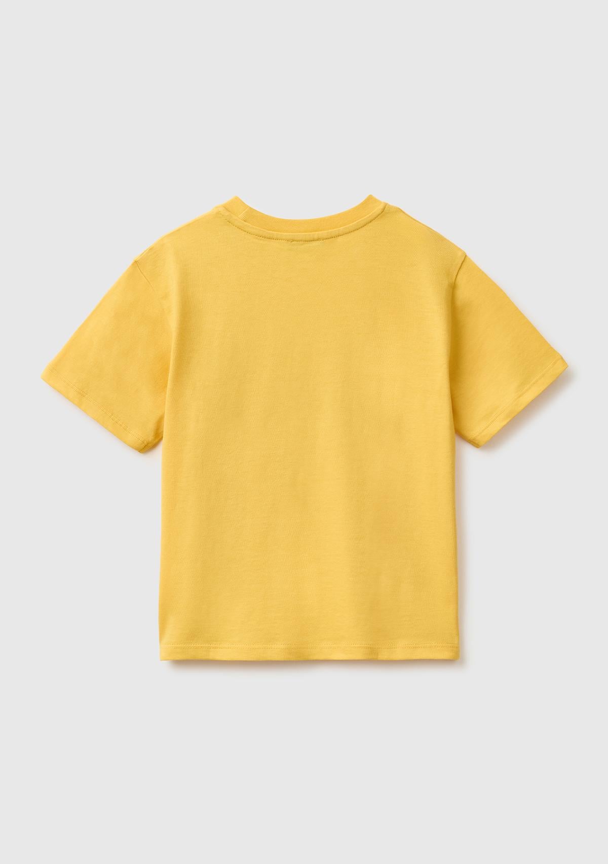 Erkek Çocuk Hardal Sarısı Baskı ve Aplike Detaylı Bisiklet Yaka T-Shirt