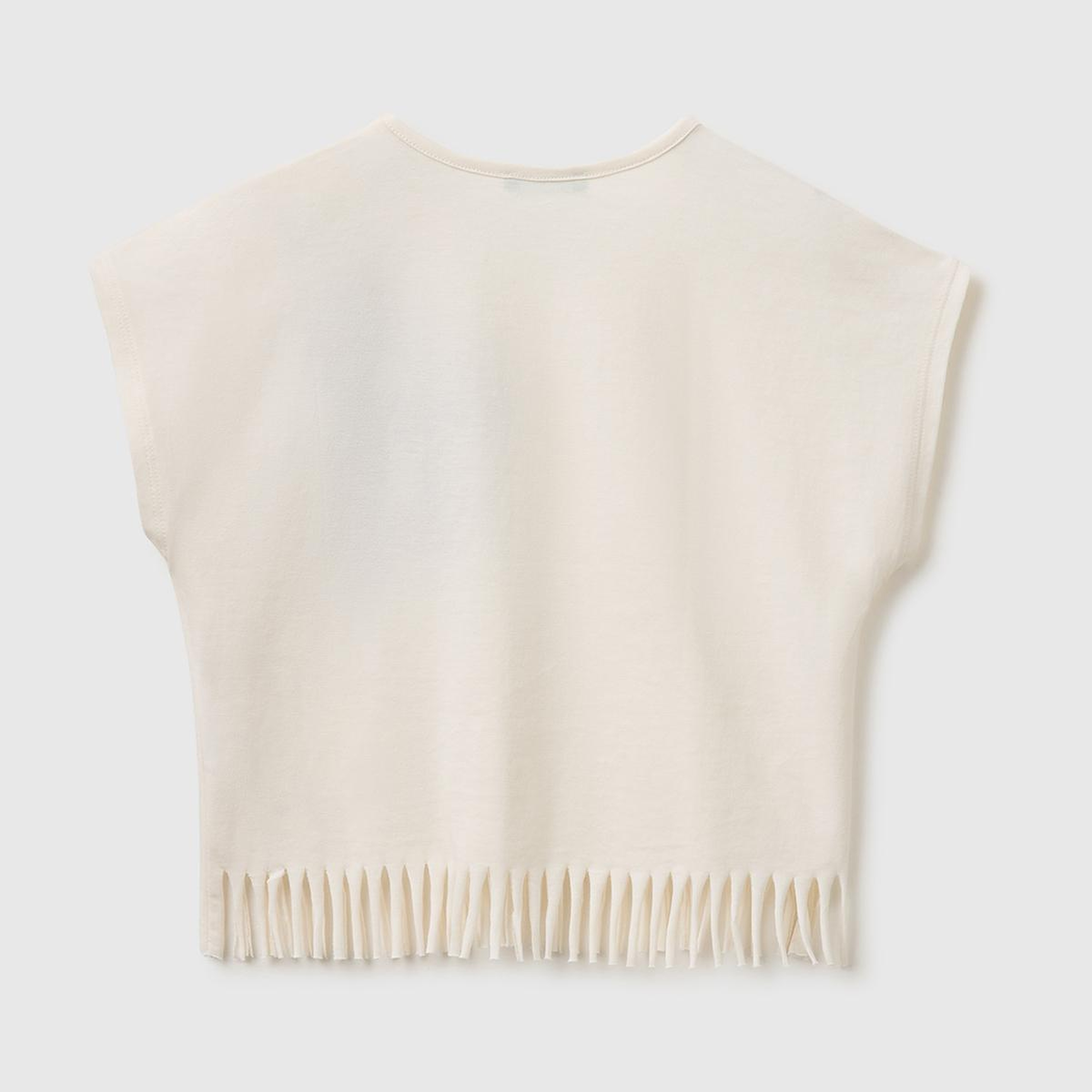 Kız Çocuk Ekru Eteği Püskül Detaylı Kimono Kollu T-Shirt