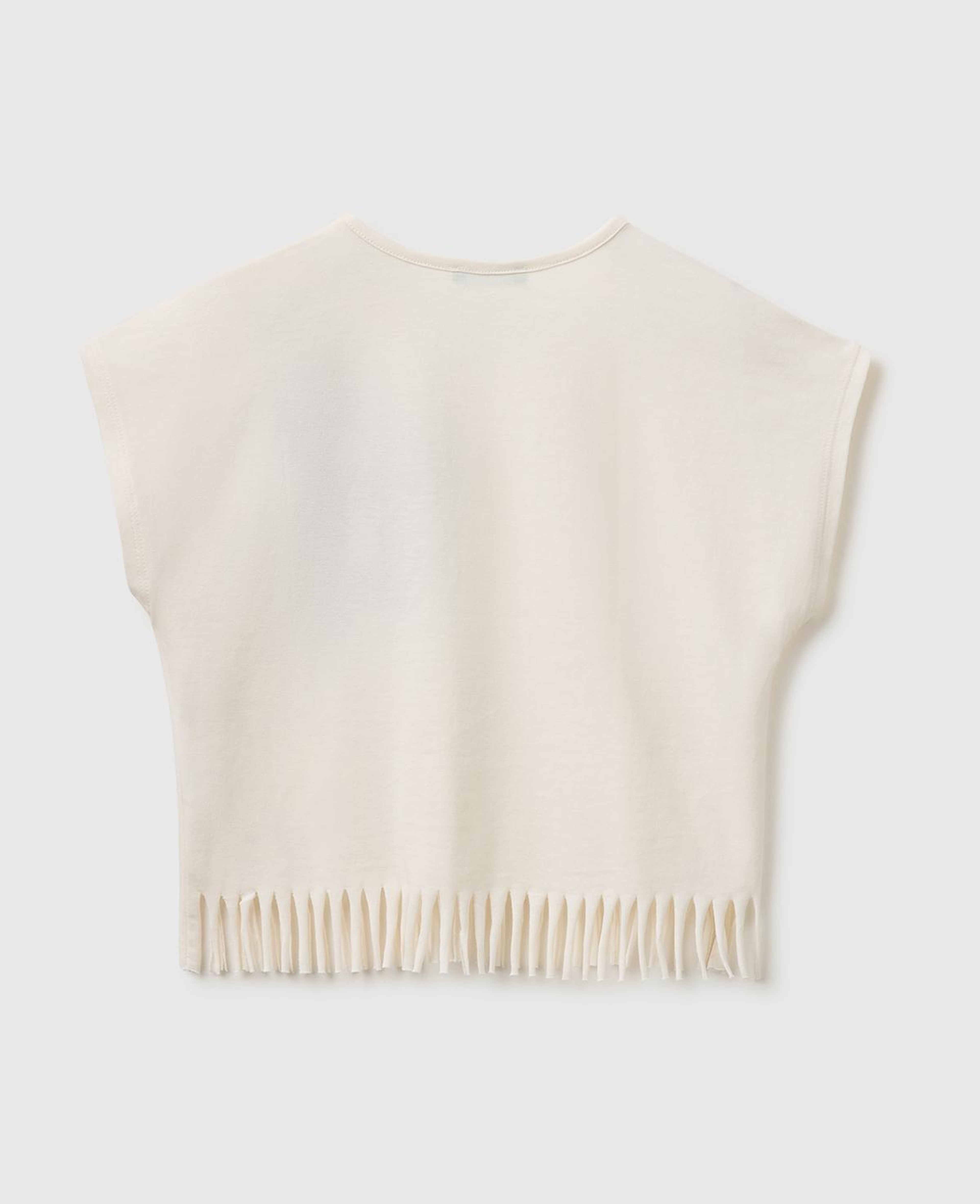 Kız Çocuk Ekru Eteği Püskül Detaylı Kimono Kollu T-Shirt