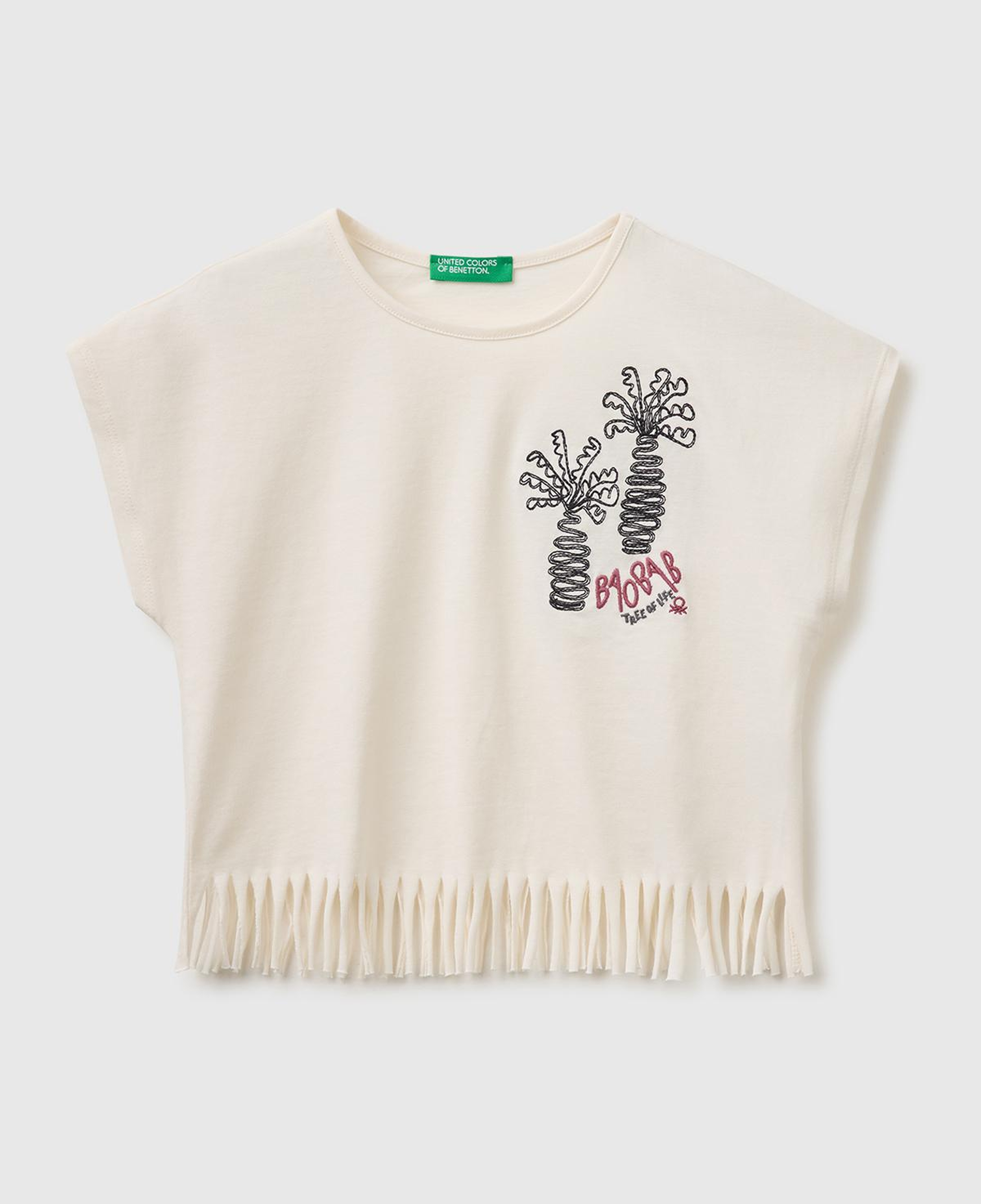 Kız Çocuk Ekru Eteği Püskül Detaylı Kimono Kollu T-Shirt