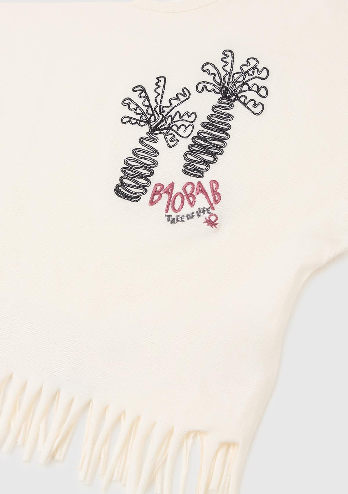 Kız Çocuk Ekru Eteği Püskül Detaylı Kimono Kollu T-Shirt