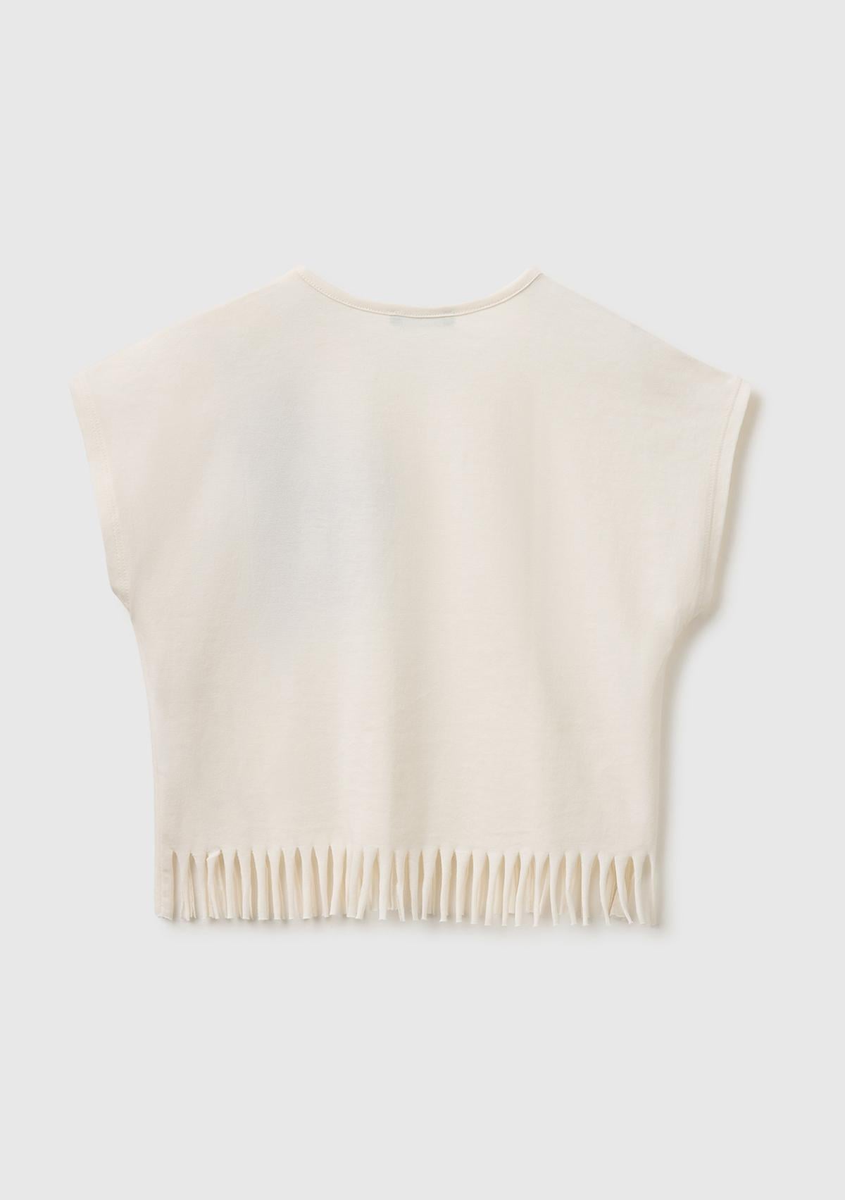 Kız Çocuk Ekru Eteği Püskül Detaylı Kimono Kollu T-Shirt