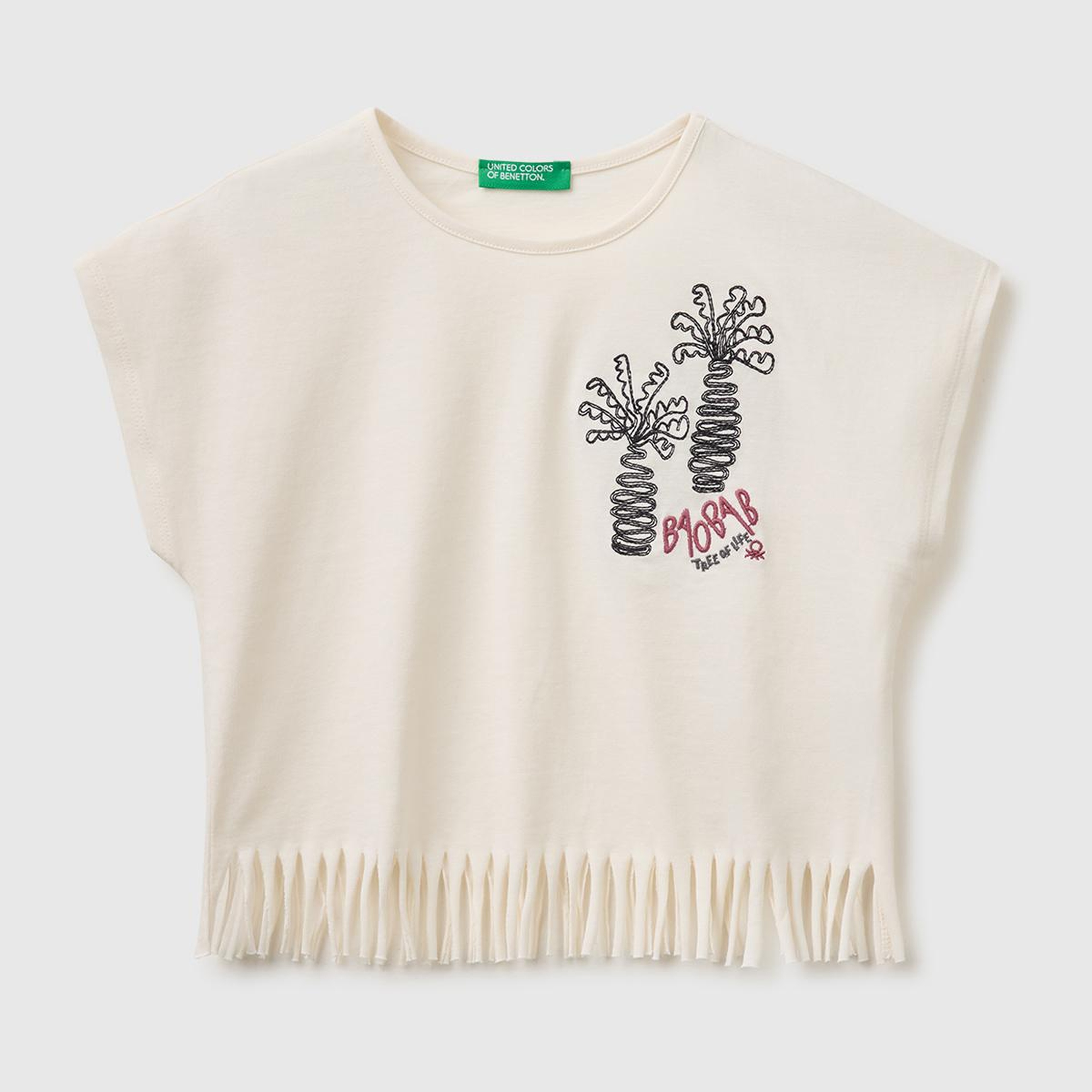 Kız Çocuk Ekru Eteği Püskül Detaylı Kimono Kollu T-Shirt