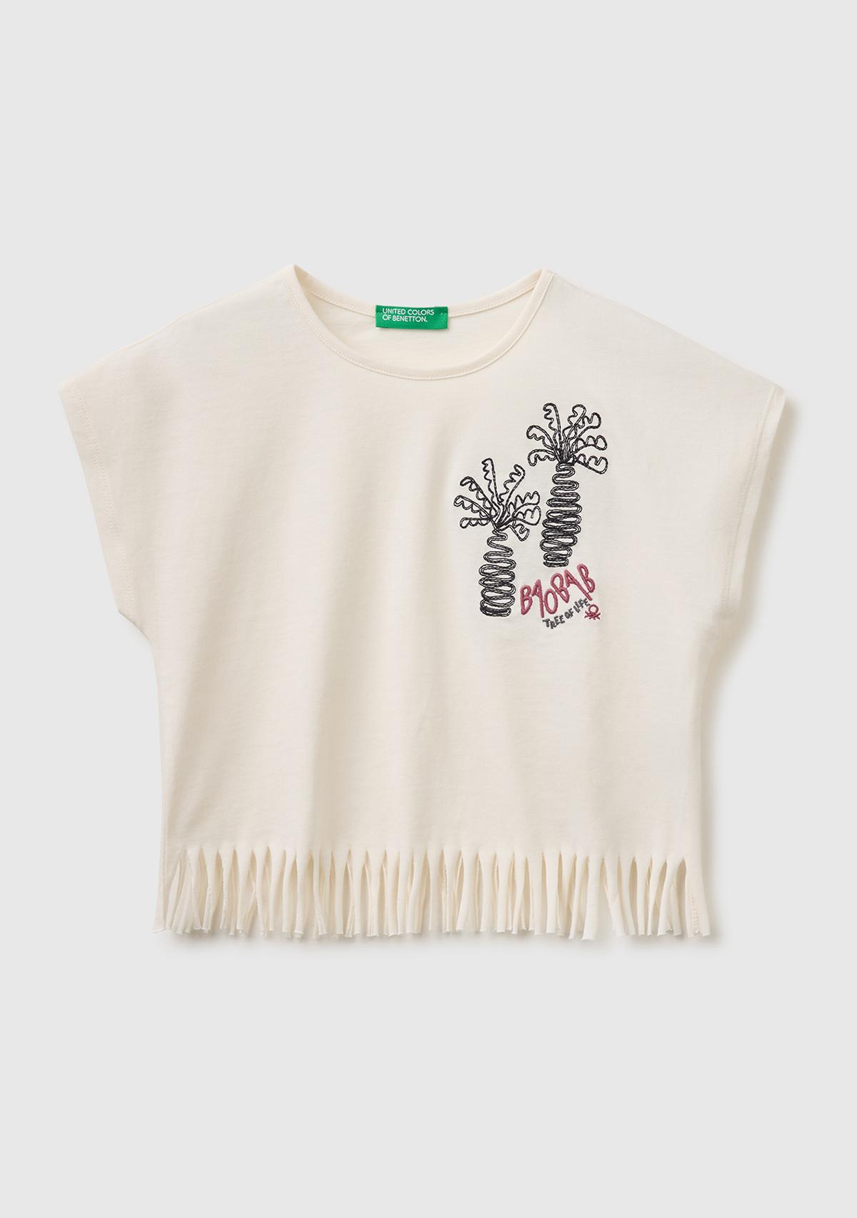 Kız Çocuk Ekru Eteği Püskül Detaylı Kimono Kollu T-Shirt