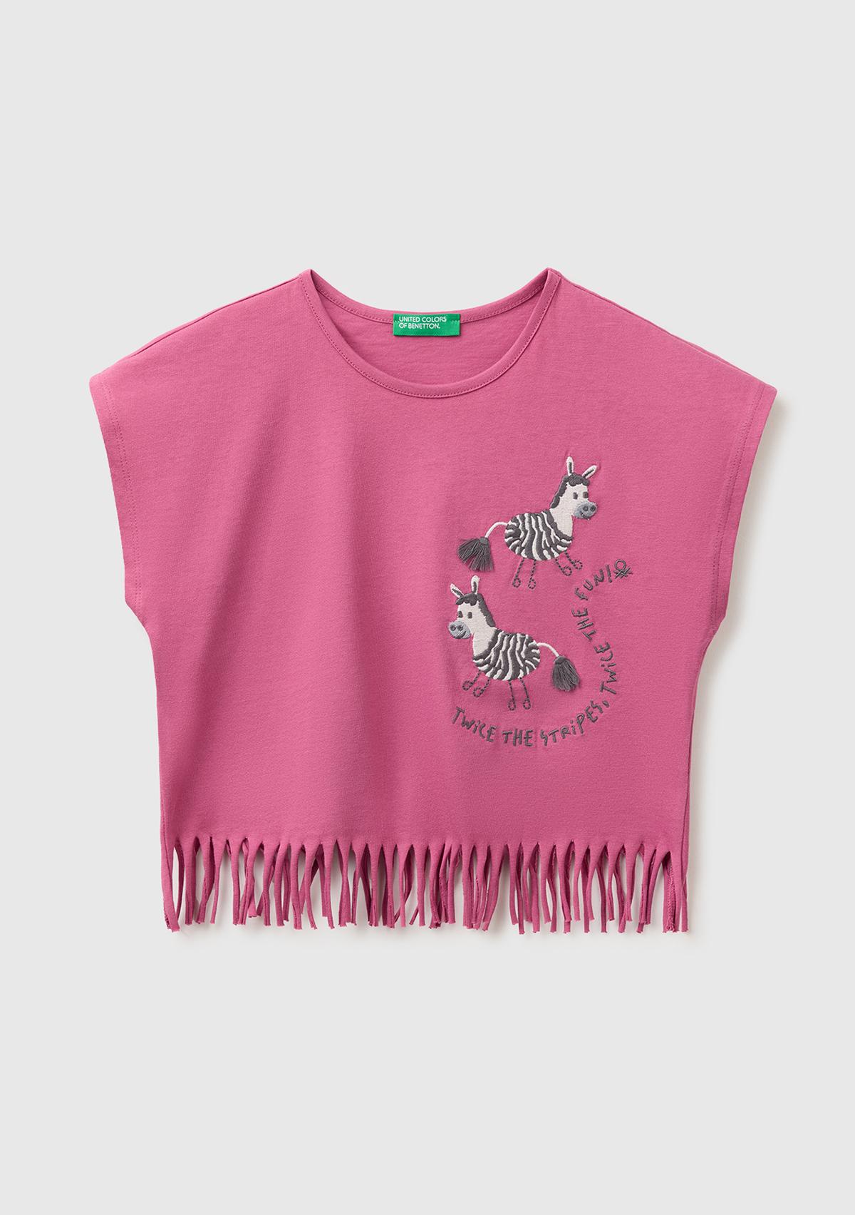 Kız Çocuk Gül Kurusu Eteği Püskül Detaylı Kimono Kollu T-Shirt