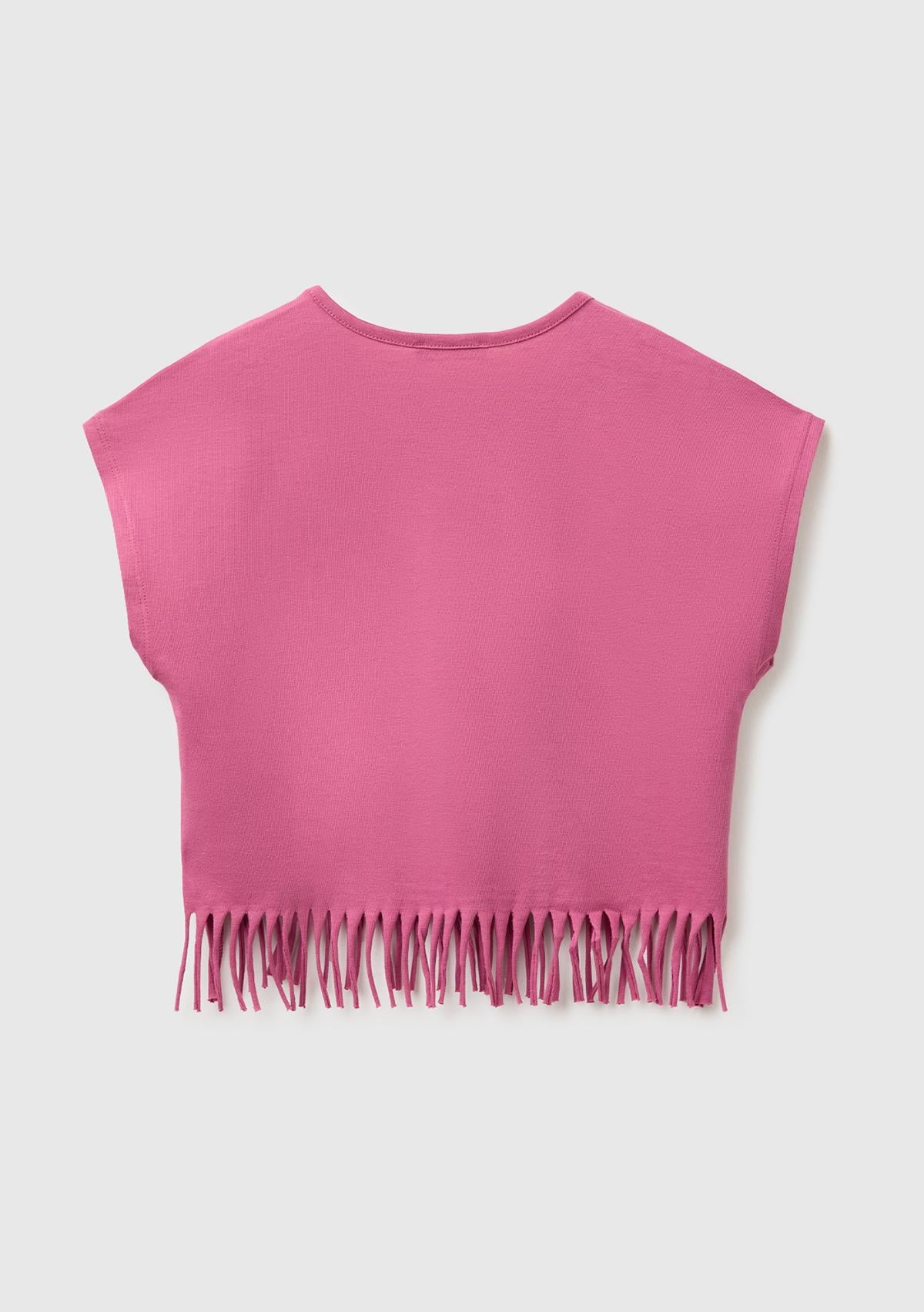 Kız Çocuk Gül Kurusu Eteği Püskül Detaylı Kimono Kollu T-Shirt