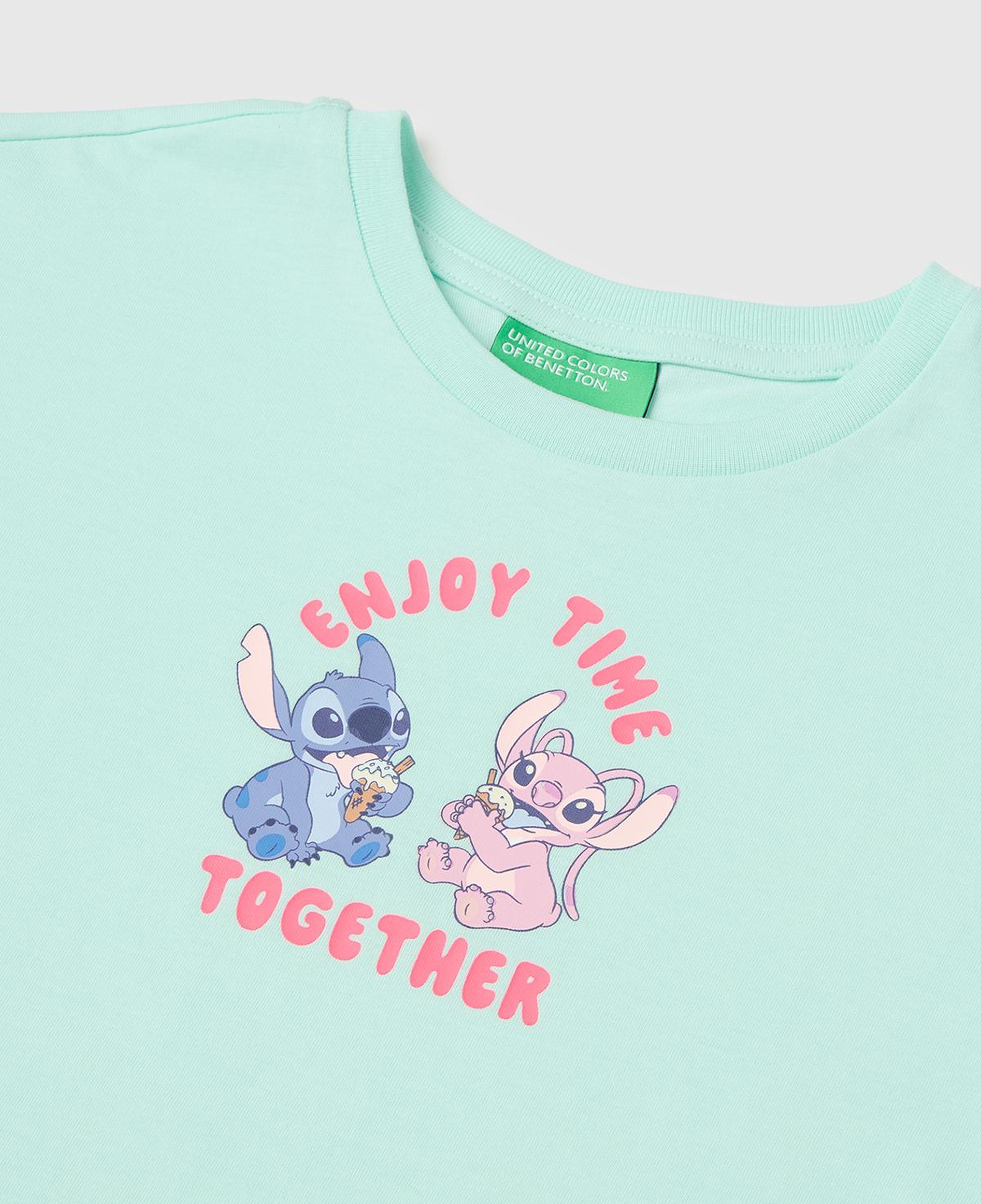 Kız Çocuk Su Yeşili Lilo & Stitch Baskı Detaylı Bisiklet Yaka T-Shirt