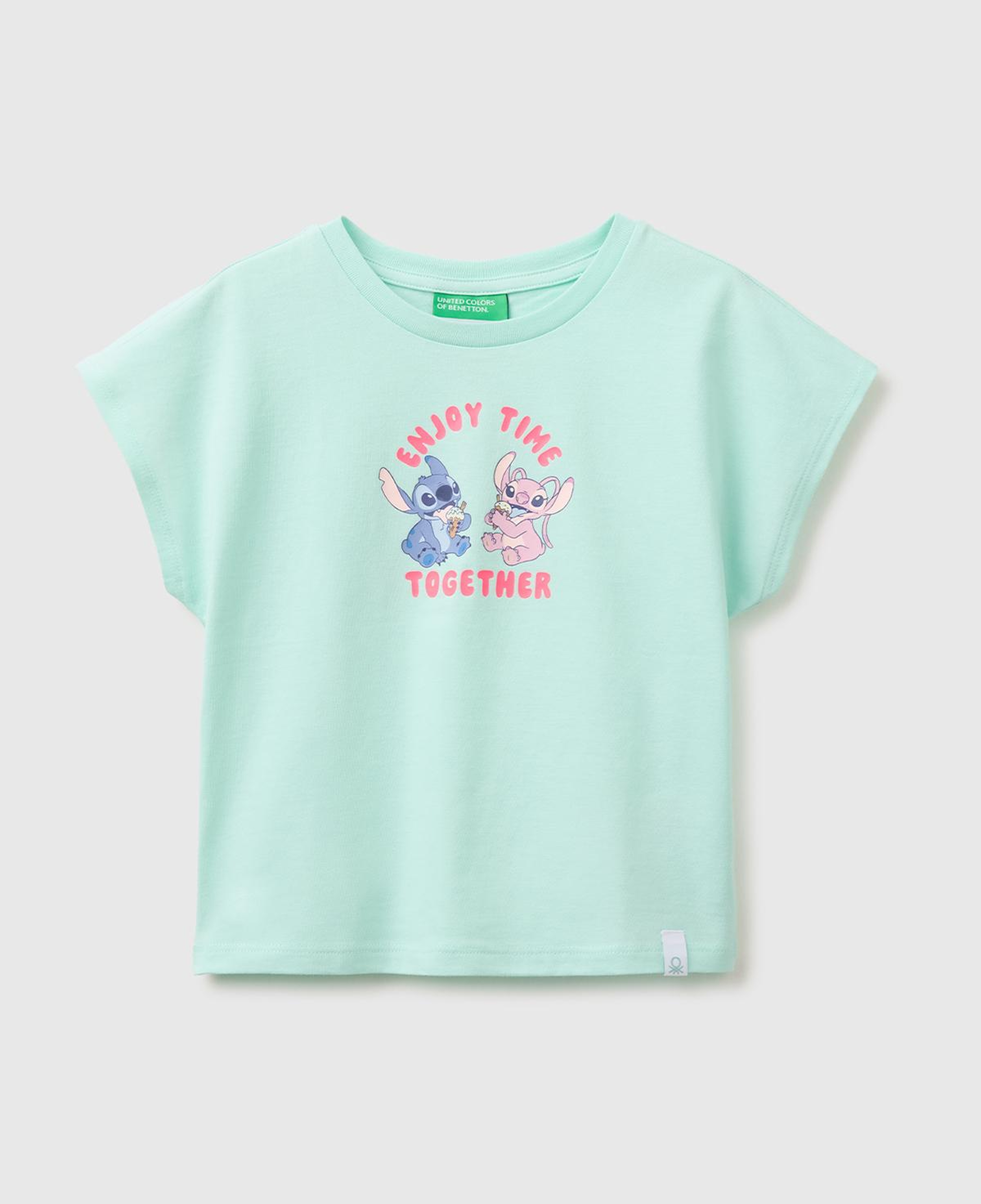 Kız Çocuk Su Yeşili Lilo & Stitch Baskı Detaylı Bisiklet Yaka T-Shirt