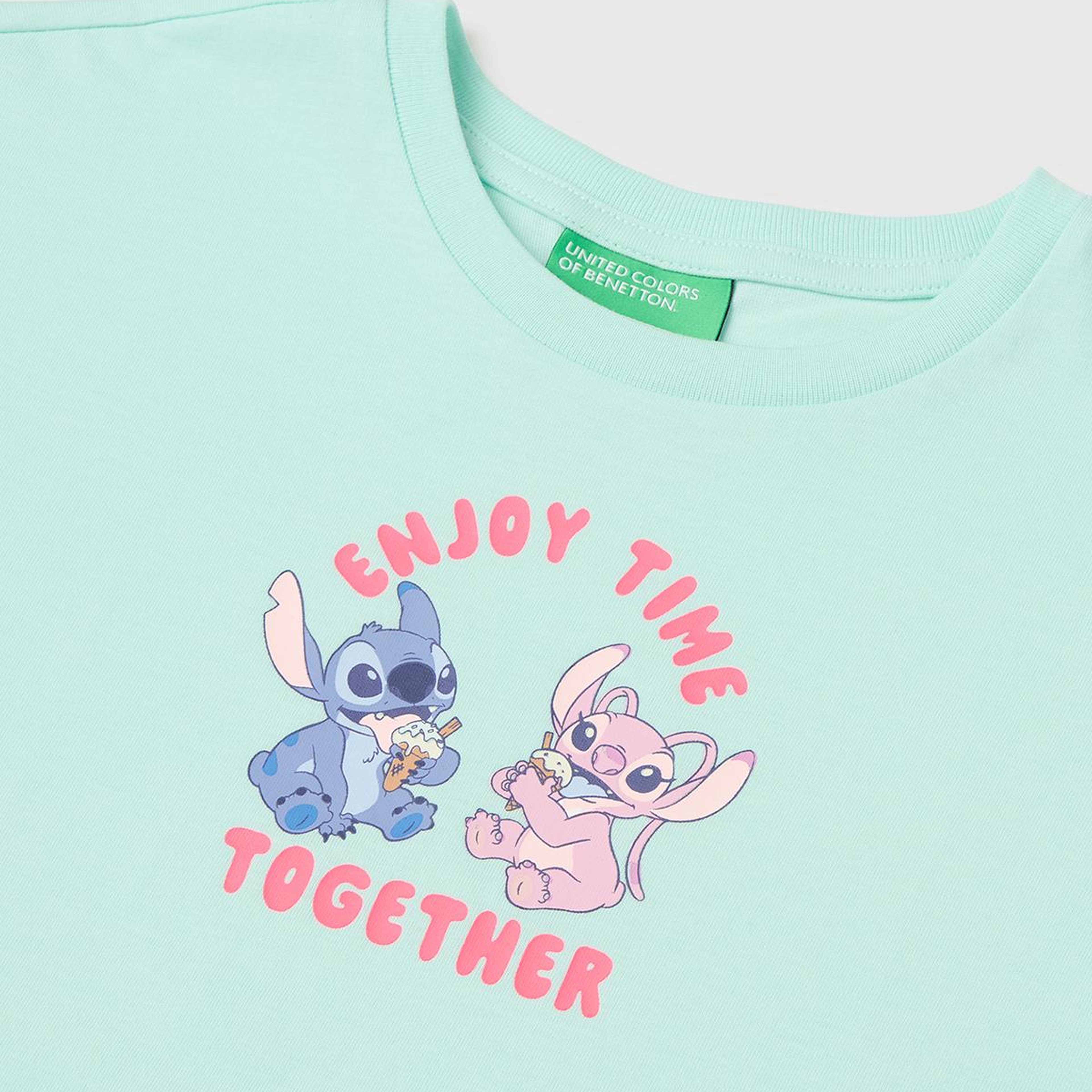 Kız Çocuk Su Yeşili Lilo & Stitch Baskı Detaylı Bisiklet Yaka T-Shirt