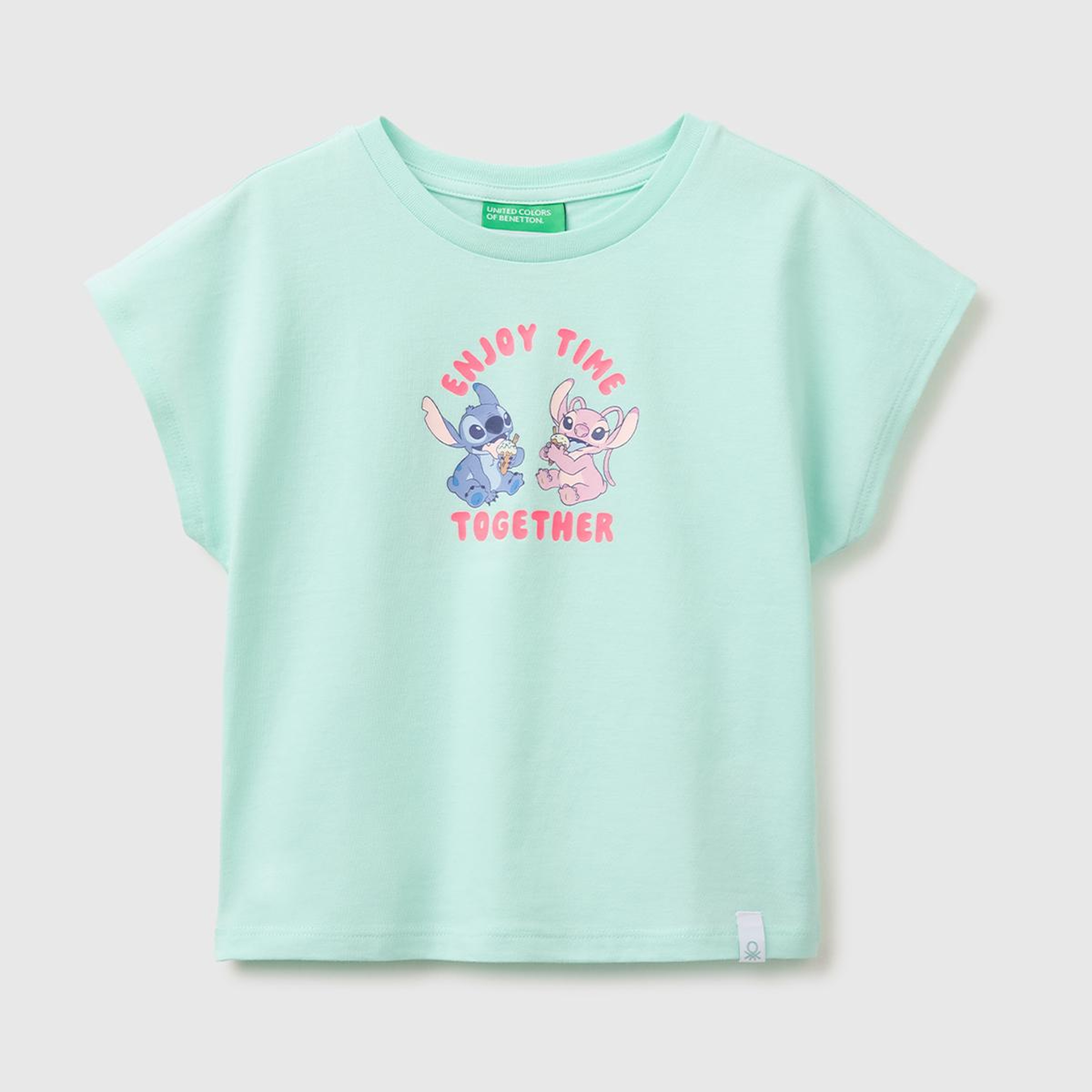 Kız Çocuk Su Yeşili Lilo & Stitch Baskı Detaylı Bisiklet Yaka T-Shirt