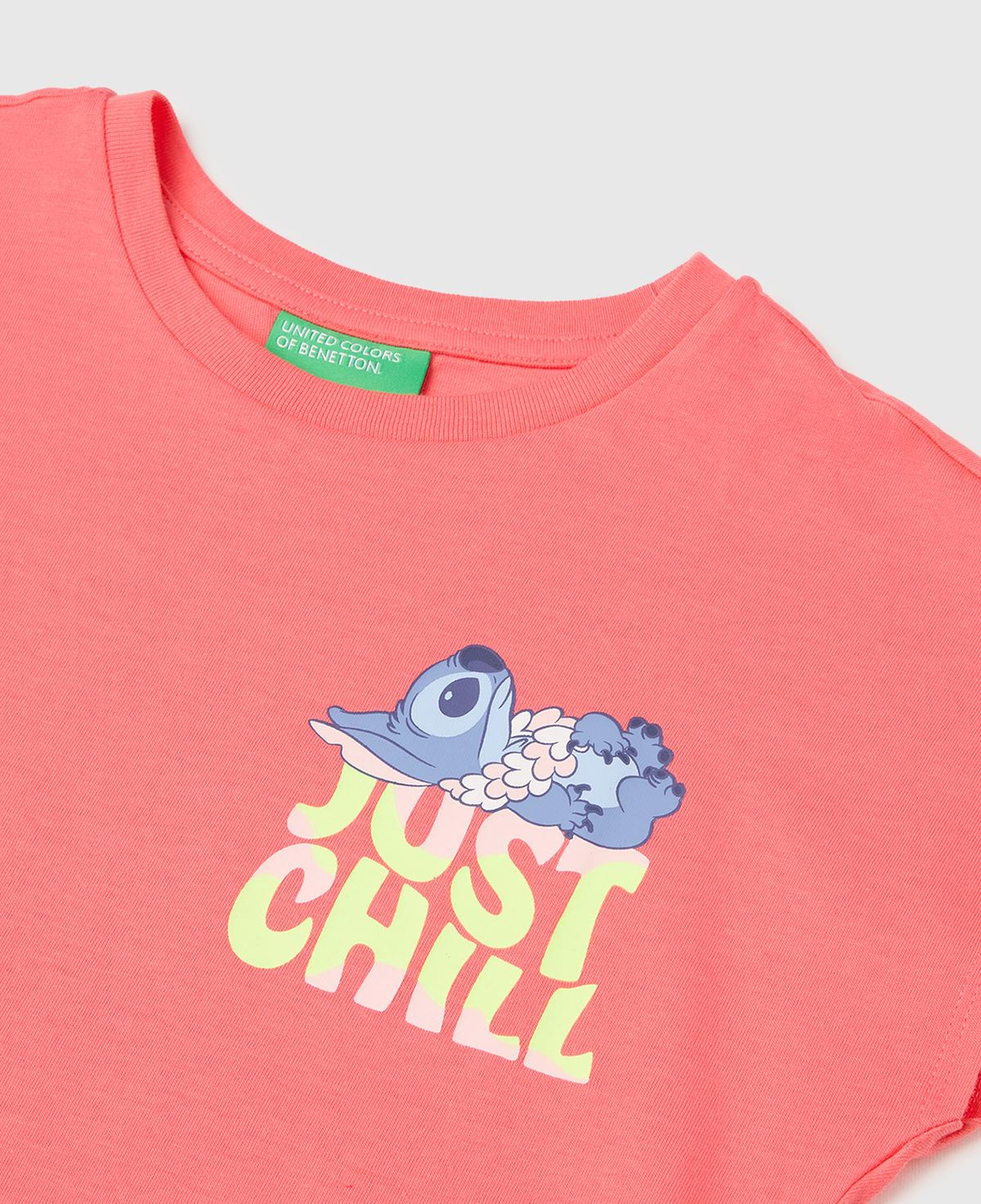 Kız Çocuk Mercan Lilo & Stitch Baskı Detaylı Bisiklet Yaka T-Shirt