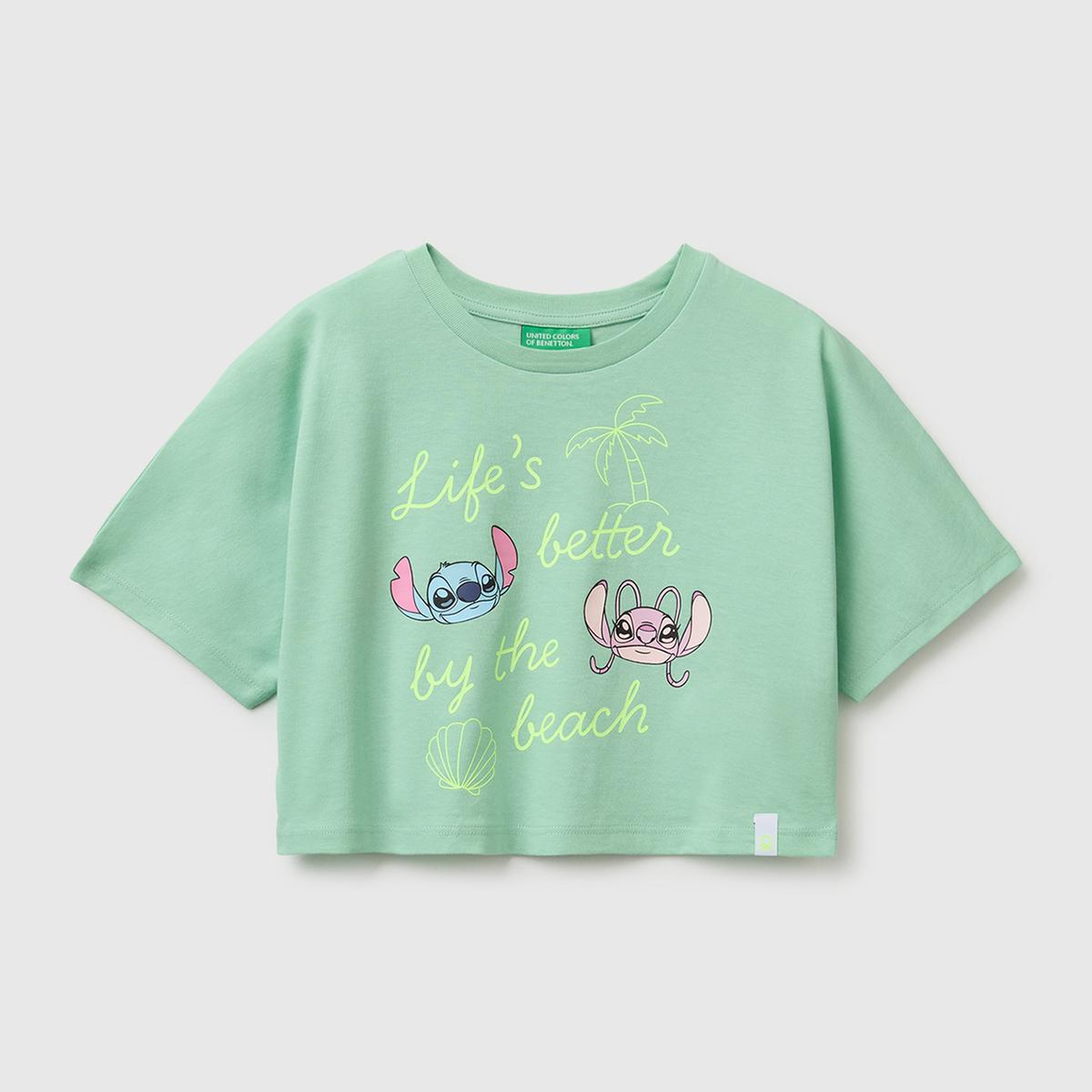 Kız Çocuk Yeşil Lilo & Stitch Baskı Detaylı Crop T-Shirt