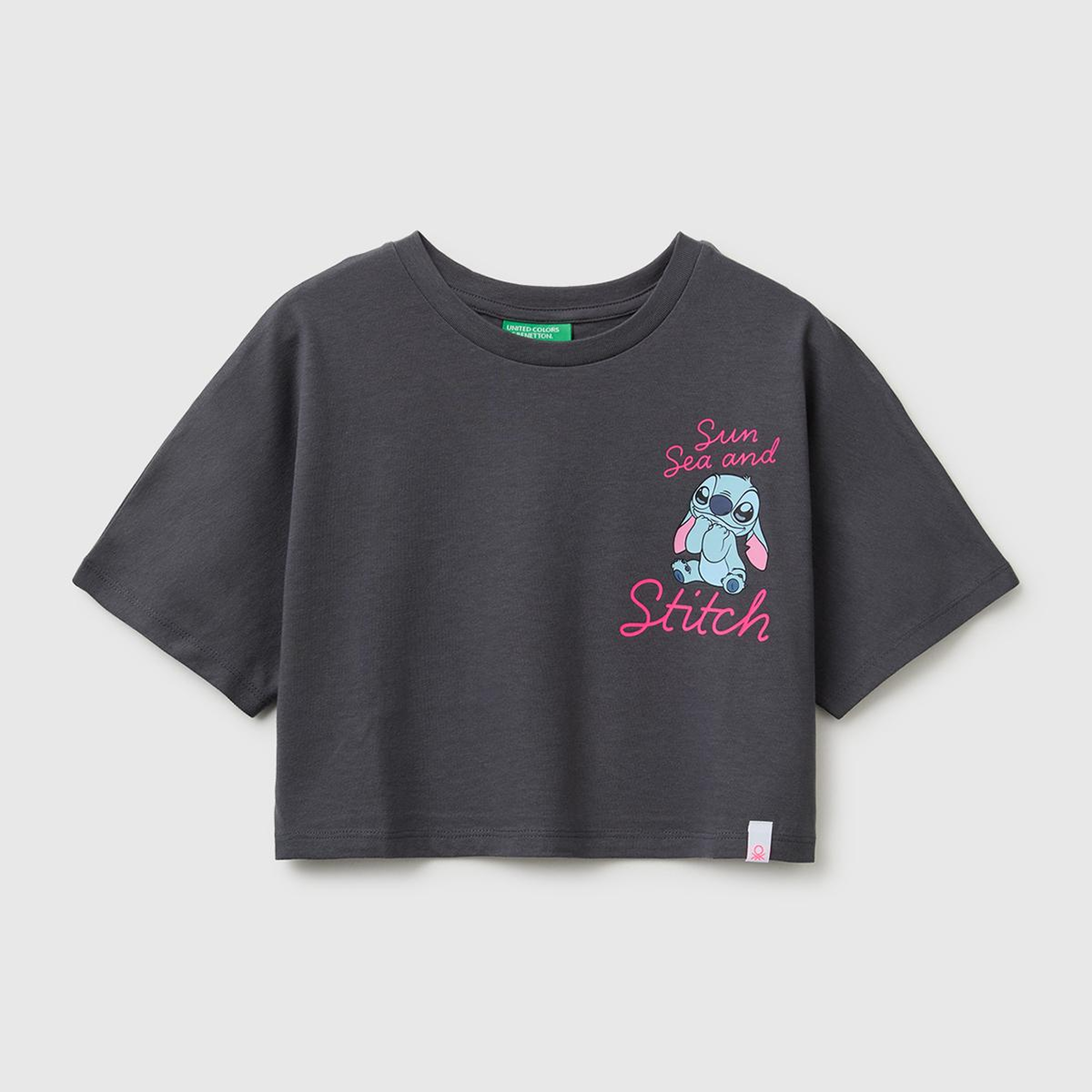 Kız Çocuk Koyu Kahverengi Lilo & Stitch Baskı Detaylı Crop T-Shirt