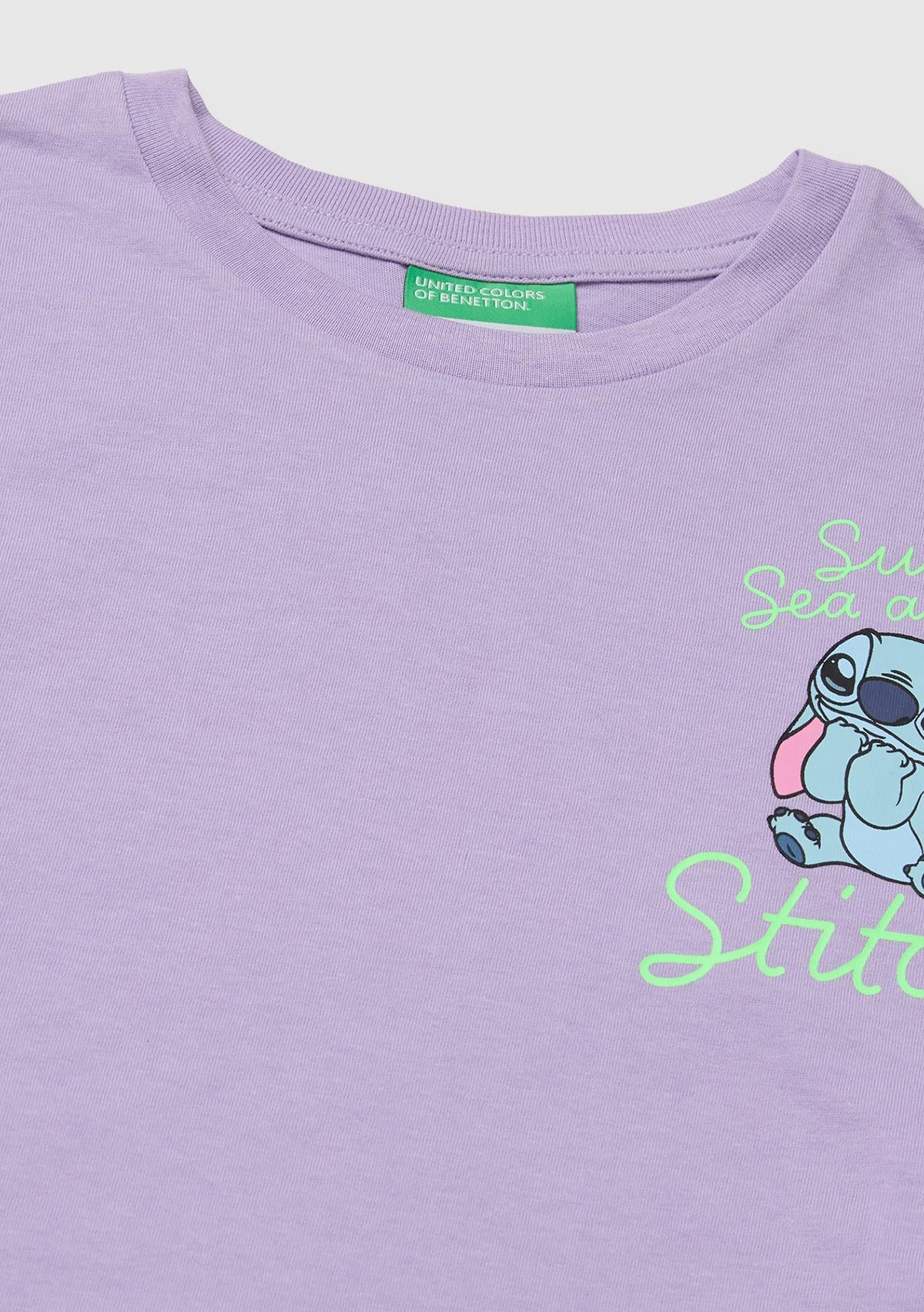 Kız Çocuk Lila Lilo & Stitch Baskı Detaylı Crop T-Shirt