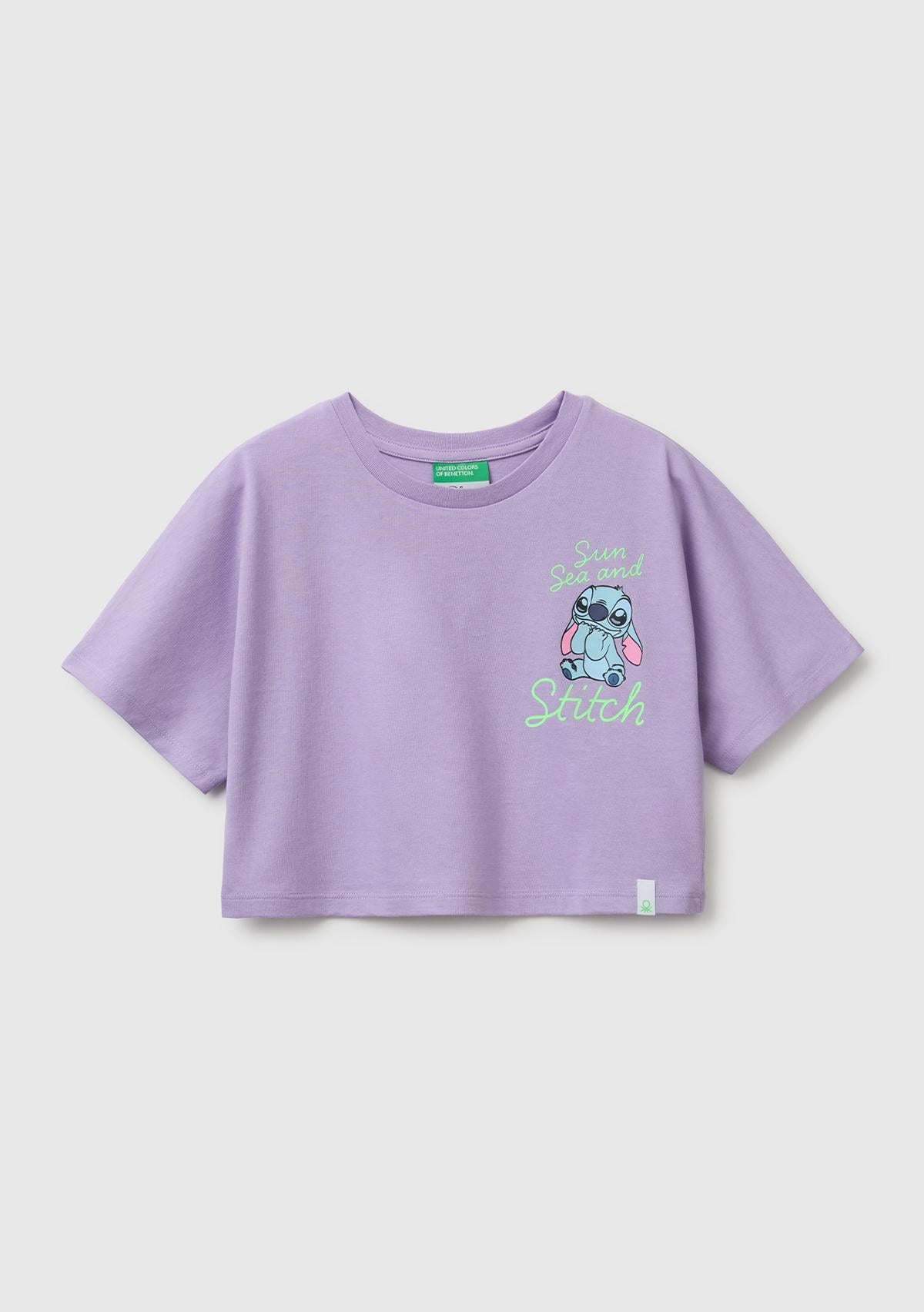 Kız Çocuk Lila Lilo & Stitch Baskı Detaylı Crop T-Shirt