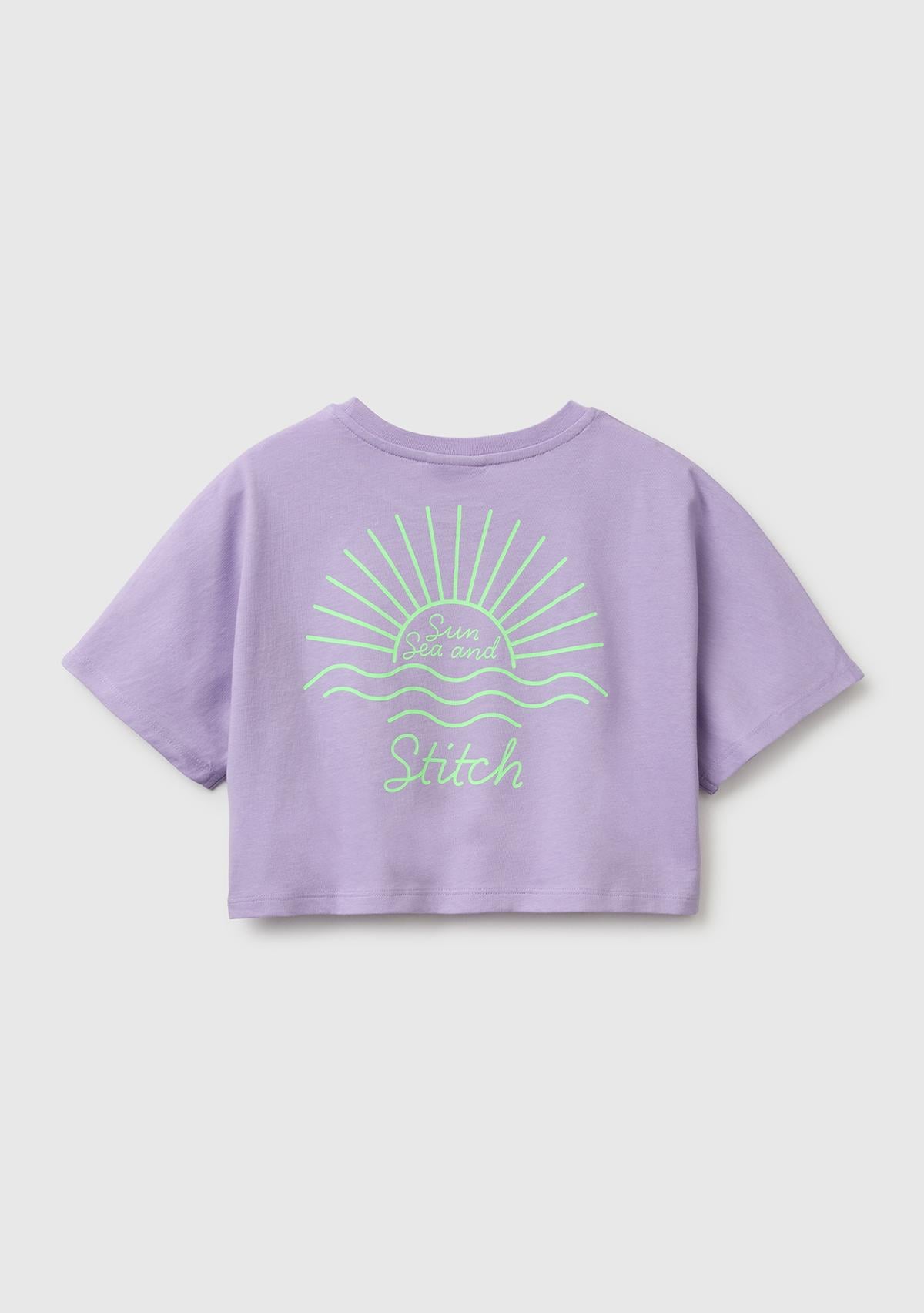 Kız Çocuk Lila Lilo & Stitch Baskı Detaylı Crop T-Shirt
