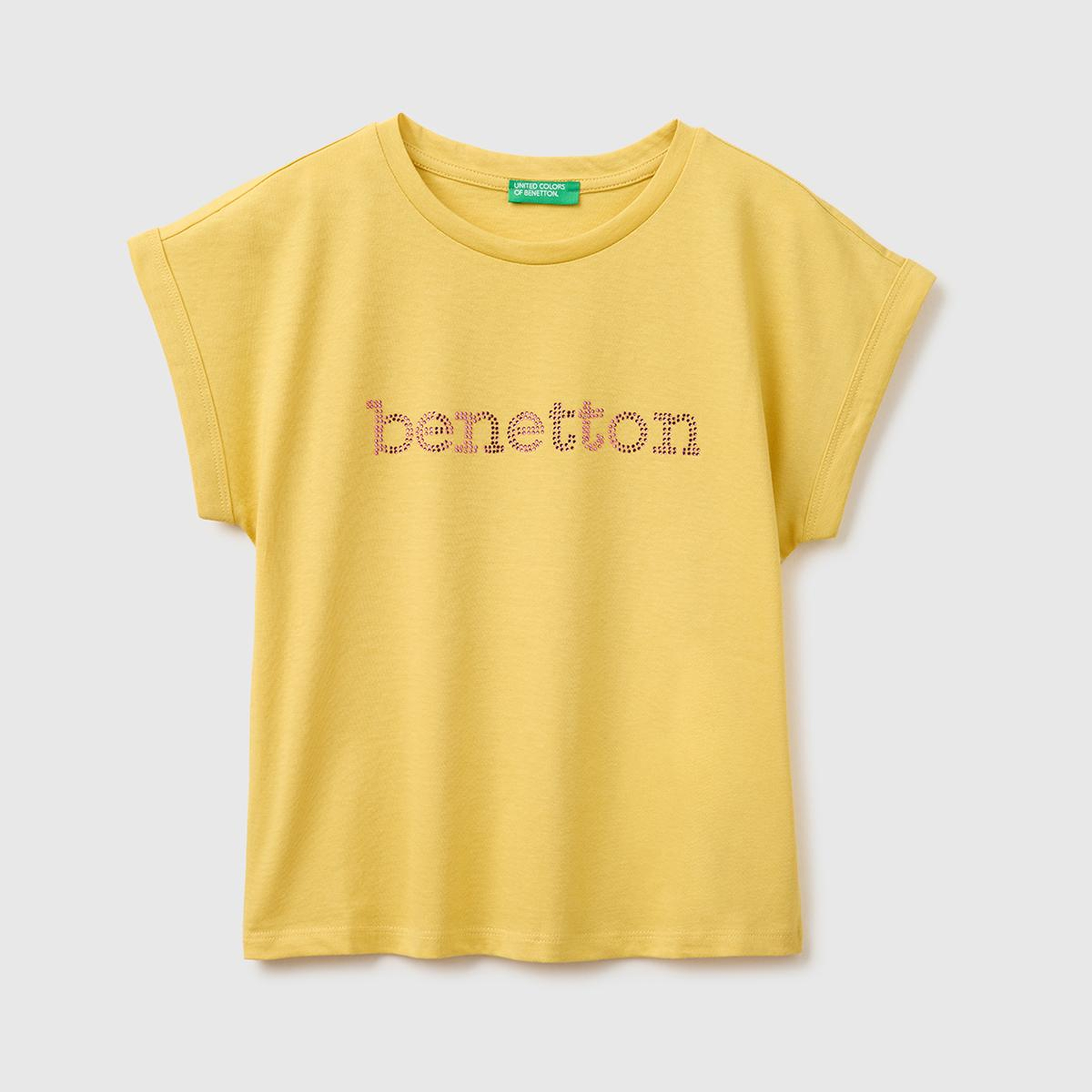 Kız Çocuk Hardal Sarısı Renkli Taş Detaylı Bisiklet Yaka T-Shirt