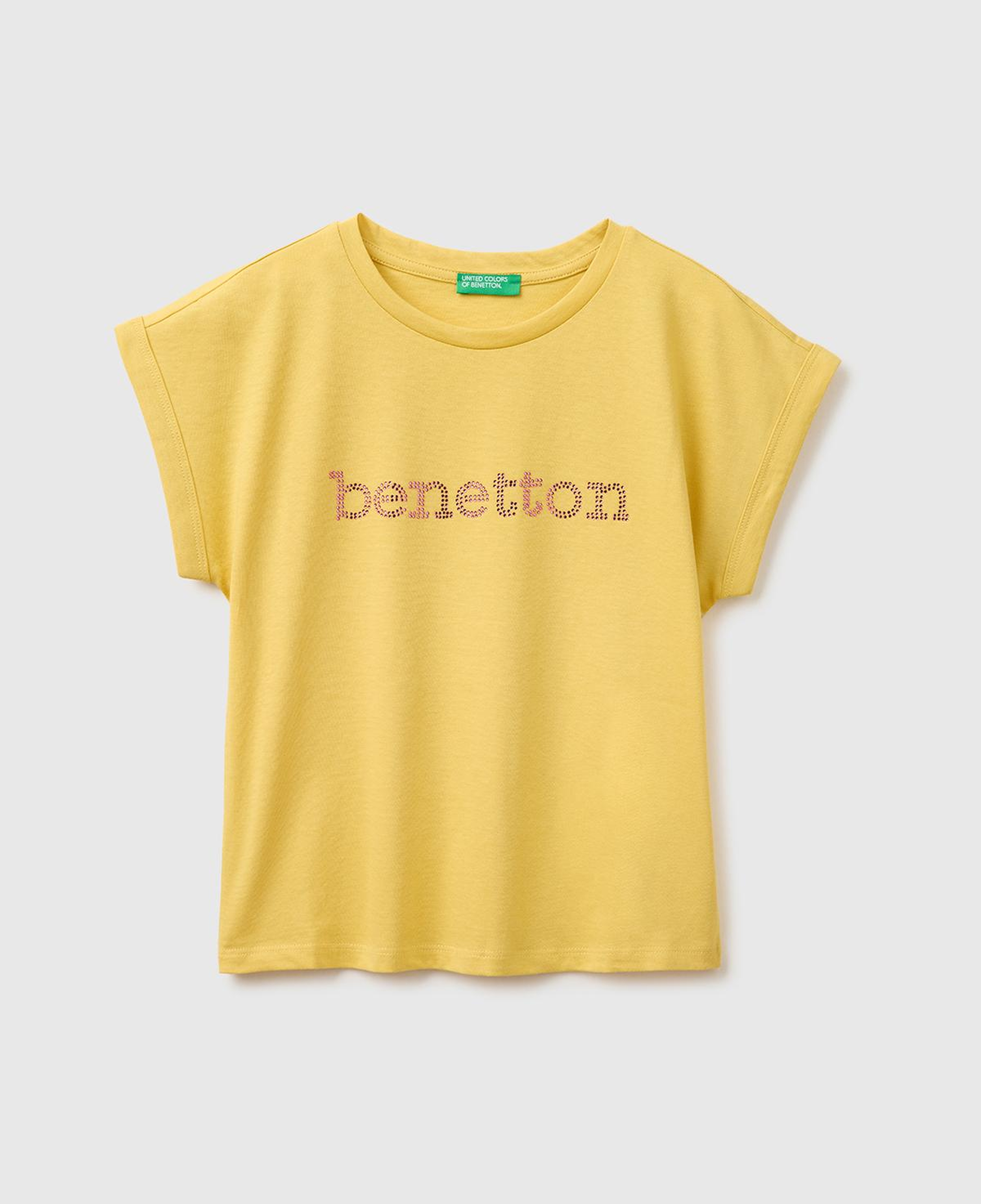 Kız Çocuk Hardal Sarısı Renkli Taş Detaylı Bisiklet Yaka T-Shirt