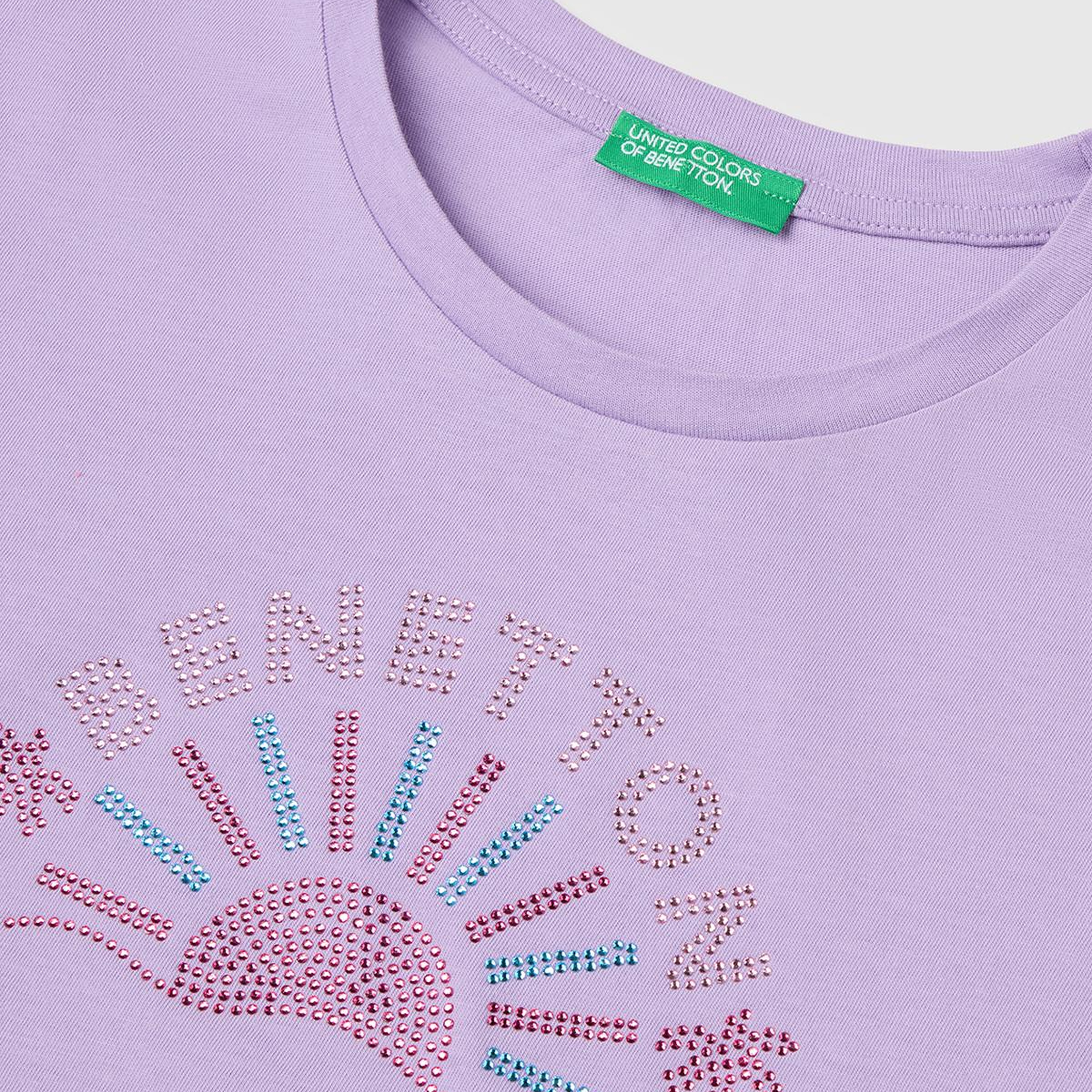 Kız Çocuk Lila Renkli Taş Detaylı Bisiklet Yaka T-Shirt