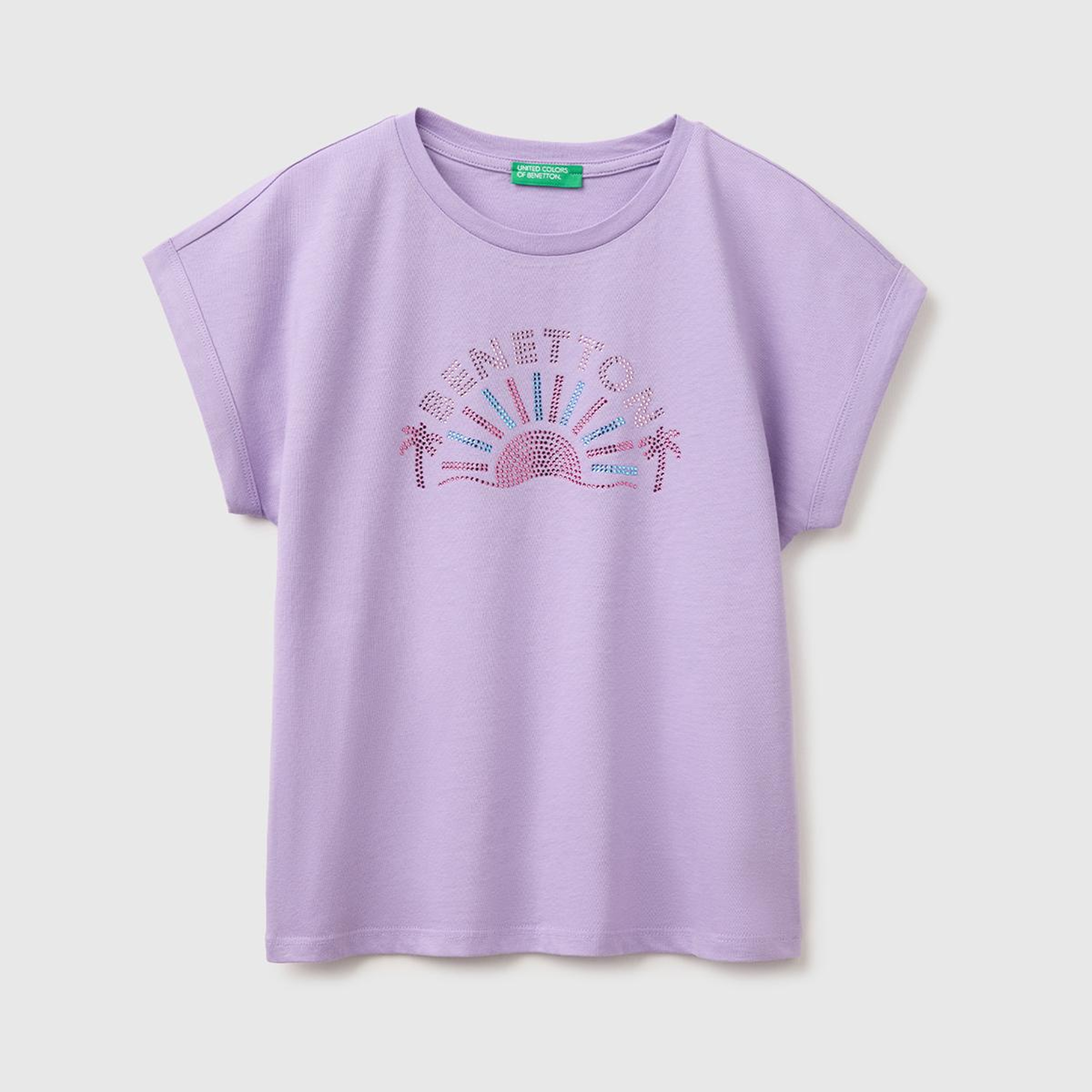 Kız Çocuk Lila Renkli Taş Detaylı Bisiklet Yaka T-Shirt