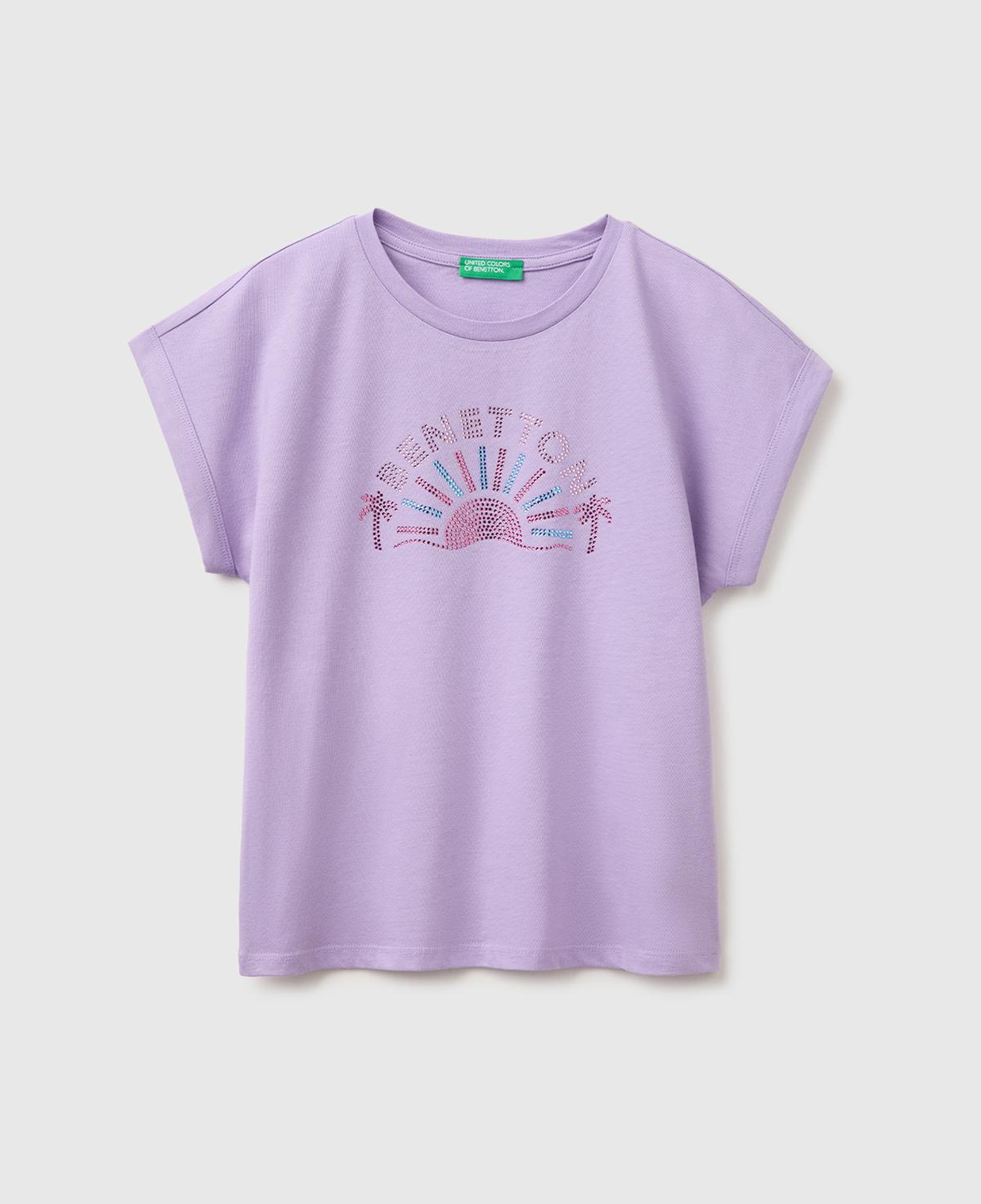 Kız Çocuk Lila Renkli Taş Detaylı Bisiklet Yaka T-Shirt