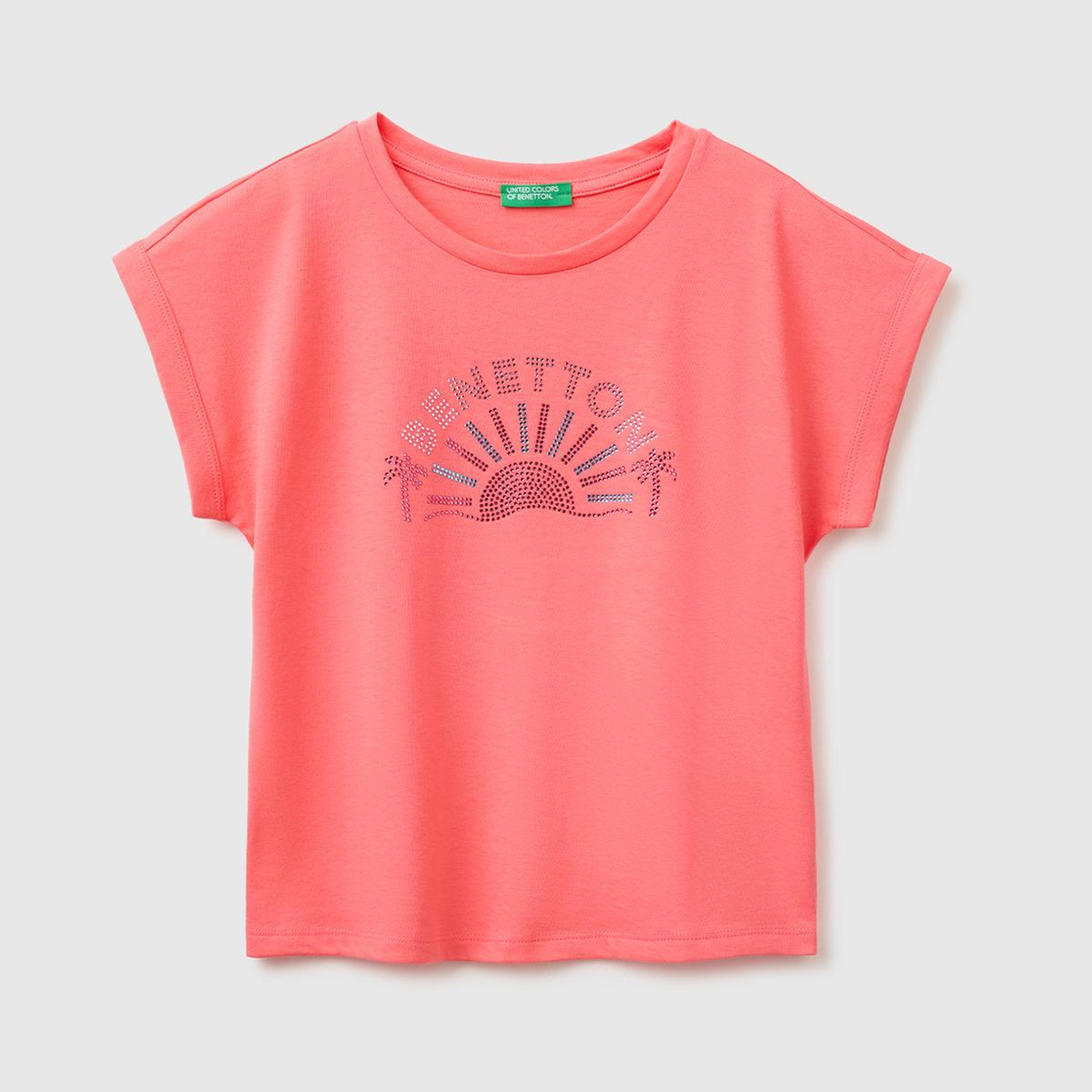 Kız Çocuk Mercan Renkli Taş Detaylı Bisiklet Yaka T-Shirt