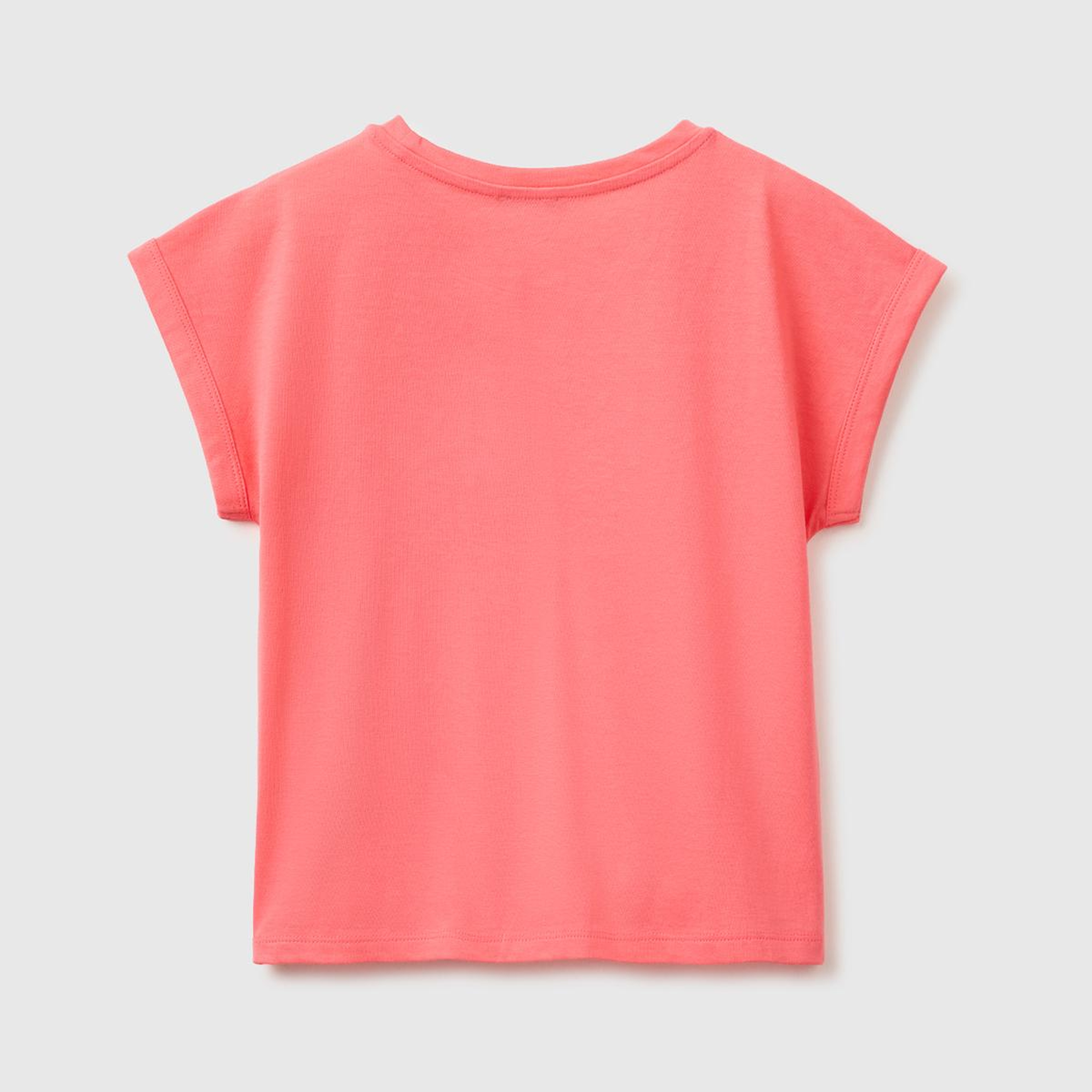 Kız Çocuk Mercan Renkli Taş Detaylı Bisiklet Yaka T-Shirt