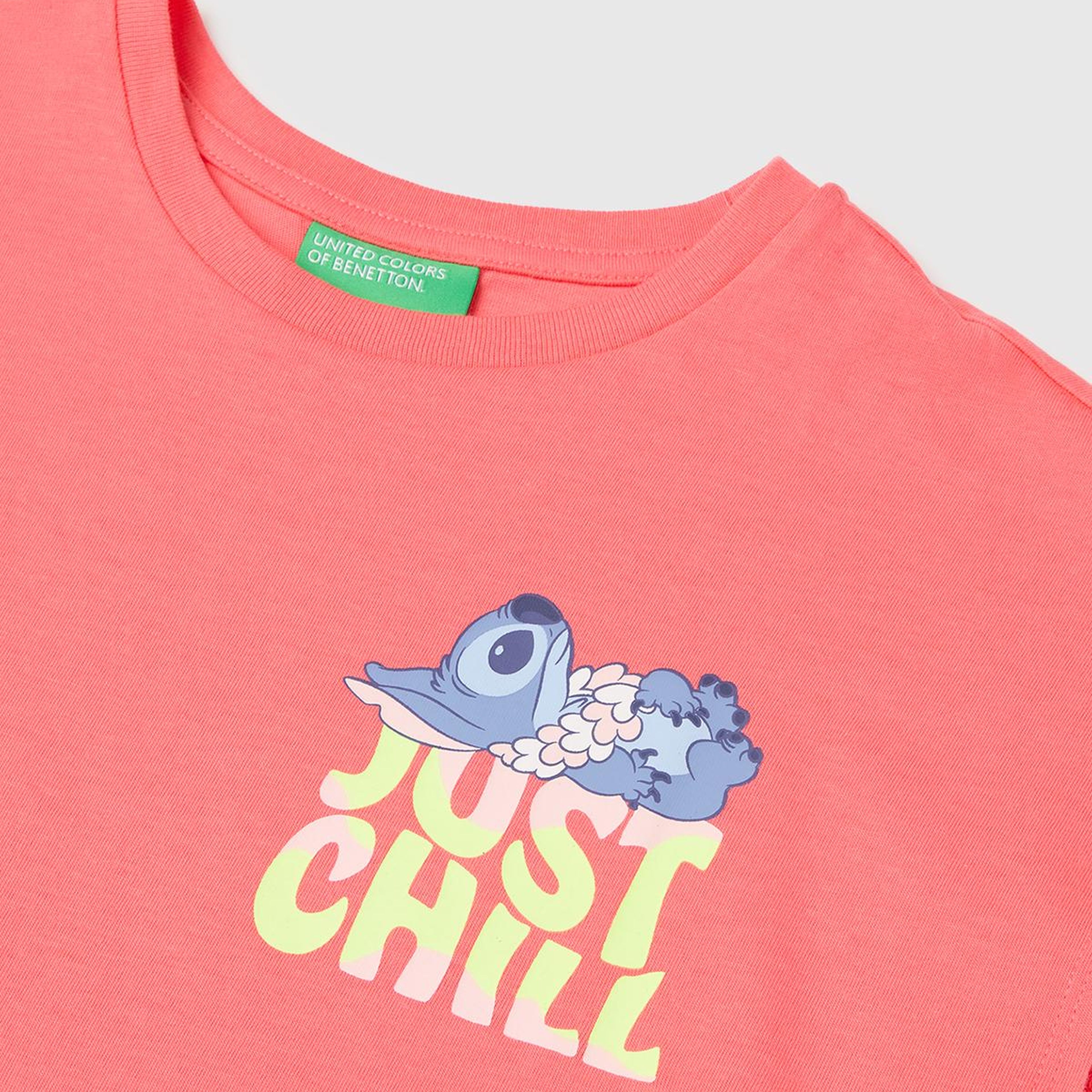 Kız Çocuk Mercan Lilo & Stitch Baskı Detaylı Bisiklet Yaka T-Shirt