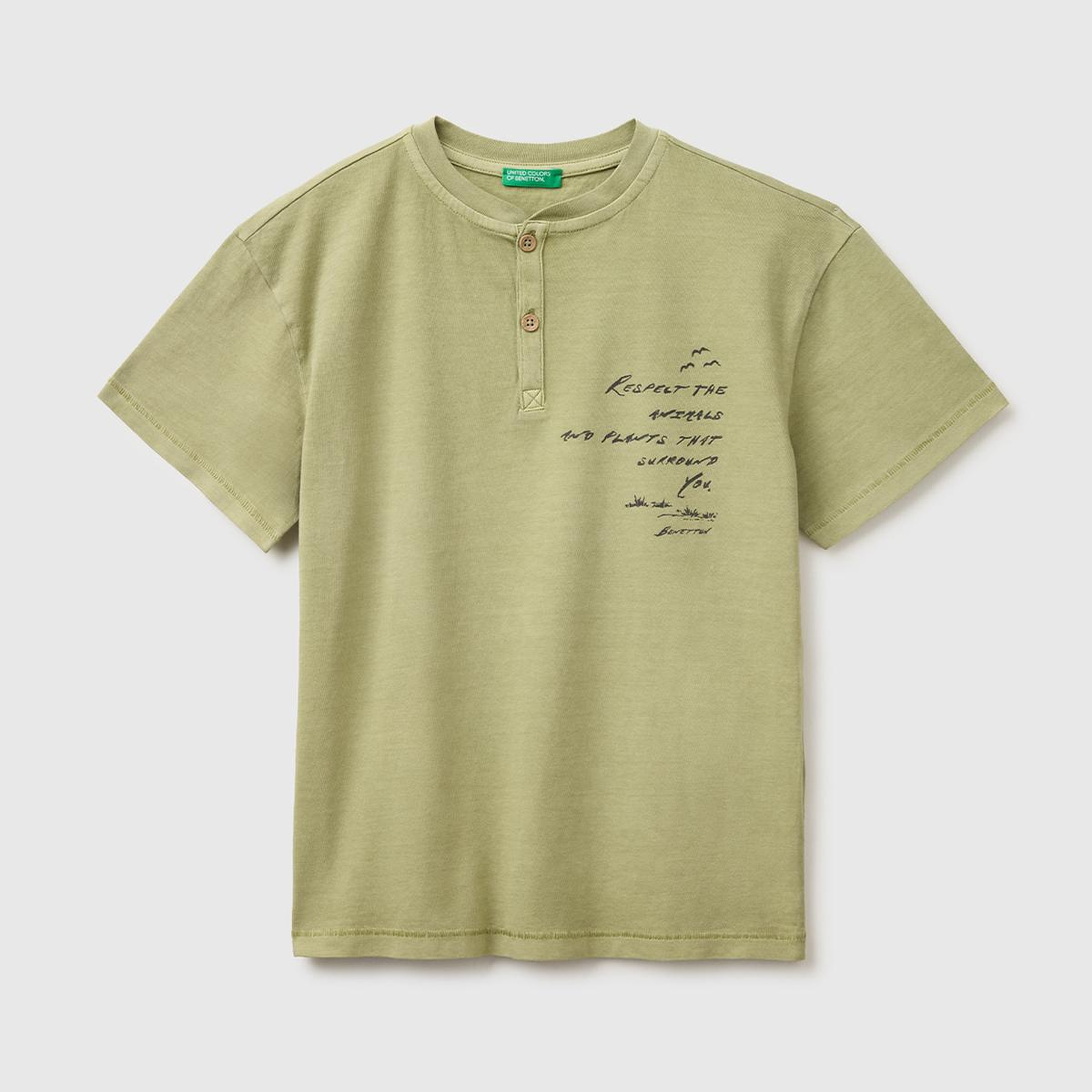 Erkek Çocuk Haki İşleme Detaylı Yuvarlak Yaka T-Shirt