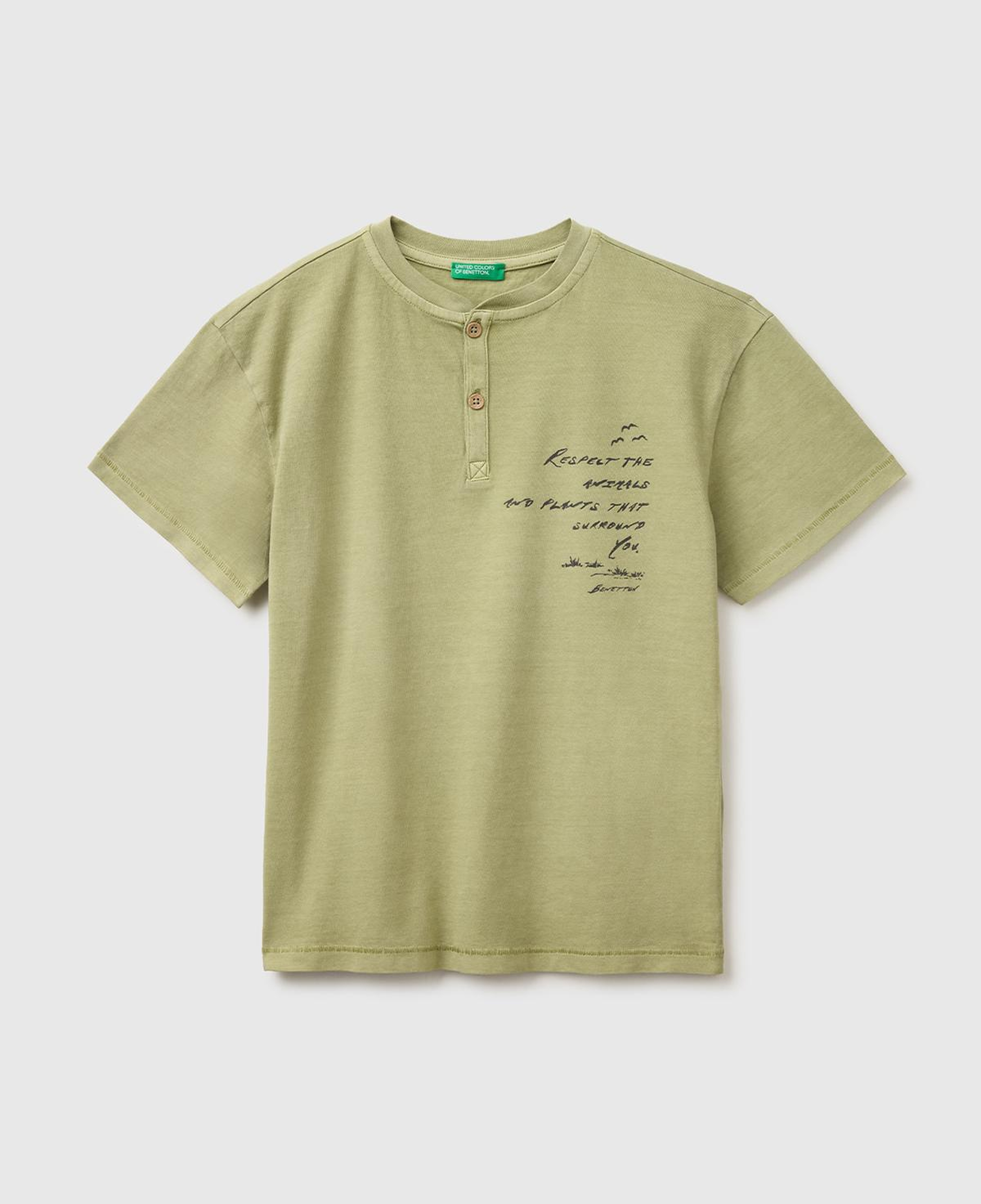 Erkek Çocuk Haki İşleme Detaylı Yuvarlak Yaka T-Shirt