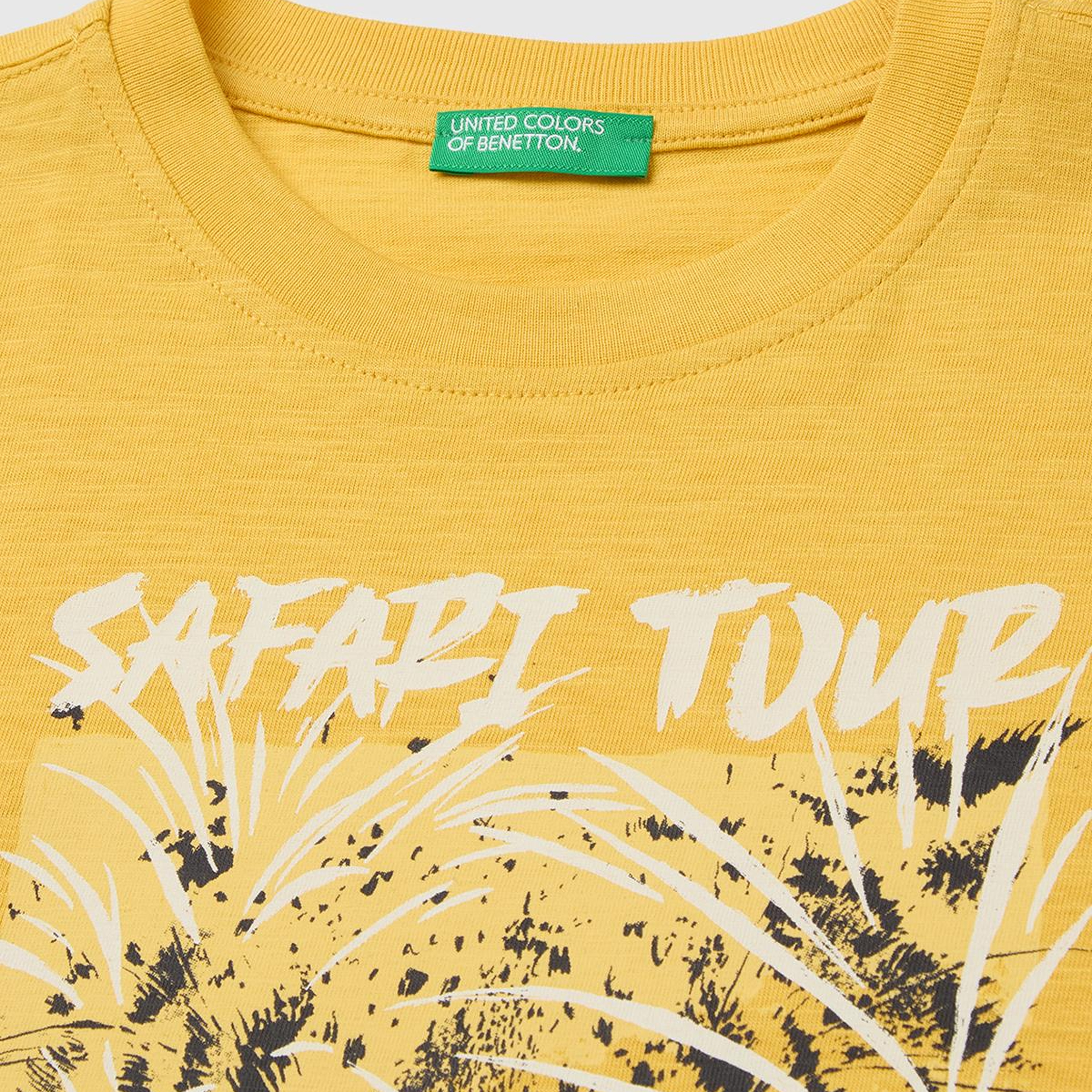 Erkek Çocuk Hardal Sarısı Önü Baskı Detaylı Bisiklet Yaka T-Shirt