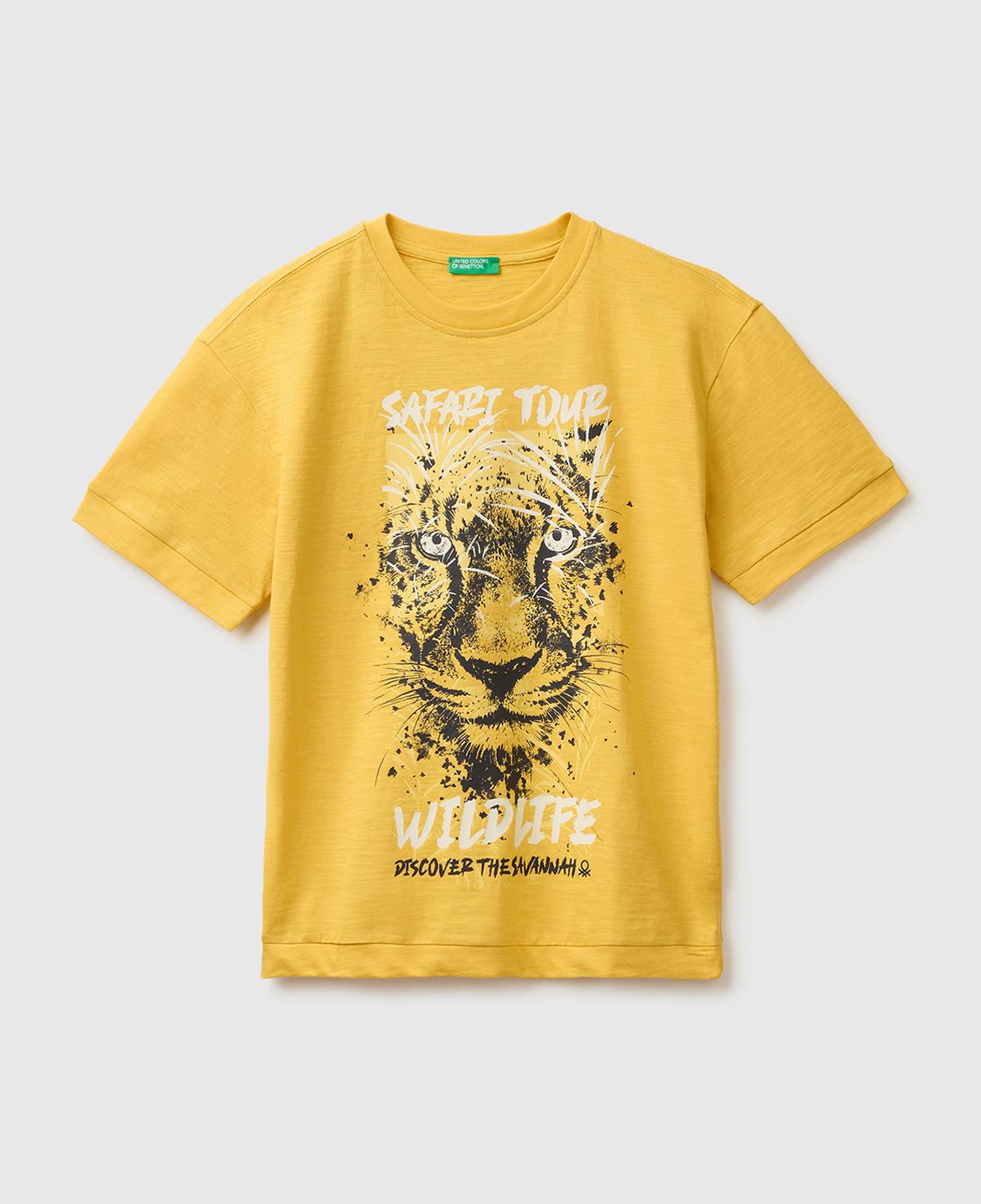 Erkek Çocuk Hardal Sarısı Önü Baskı Detaylı Bisiklet Yaka T-Shirt