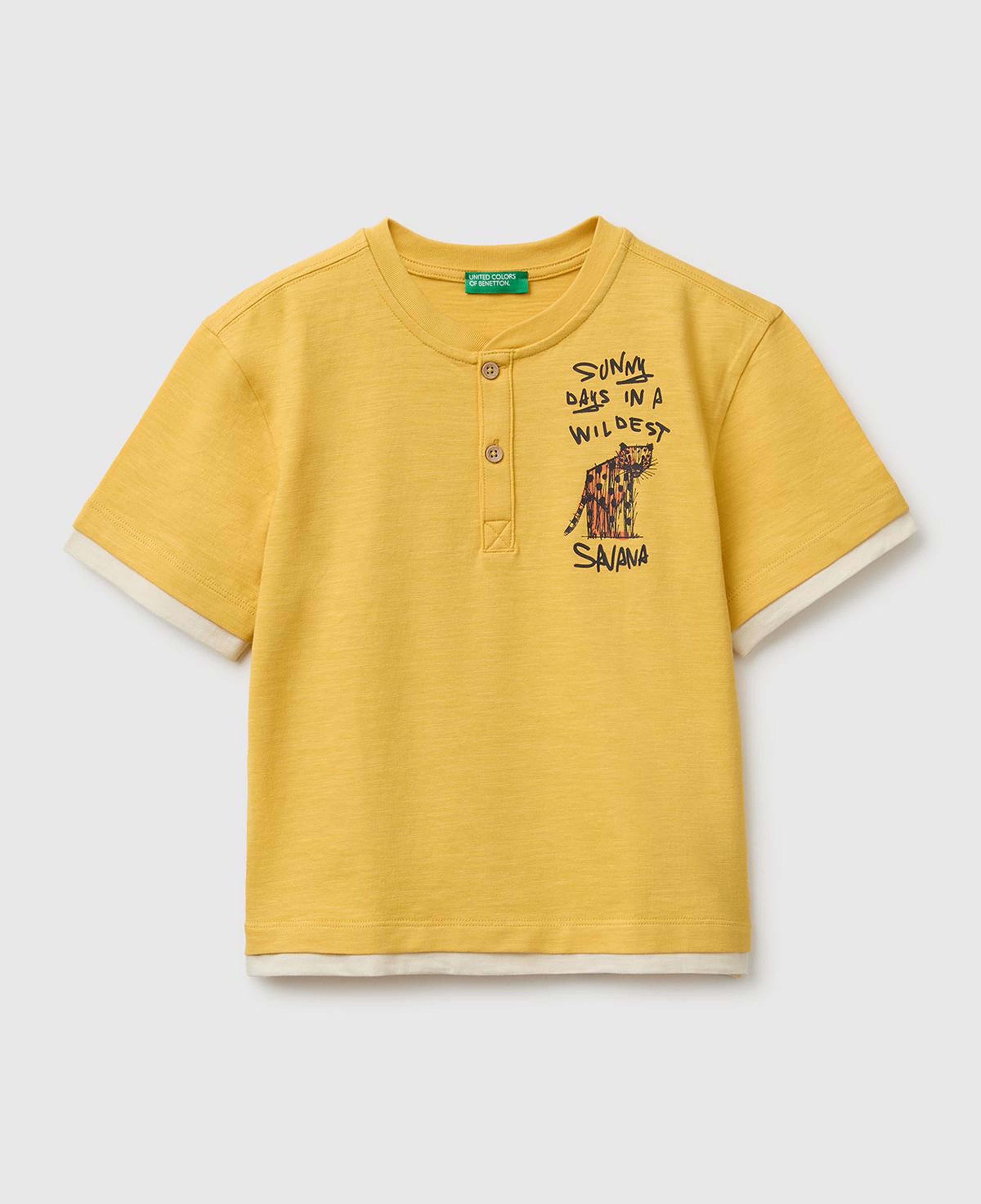 Erkek Çocuk Hardal Sarısı Göğsü Baskı Detaylı Düğmeli Bisiklet Yaka T-Shirt