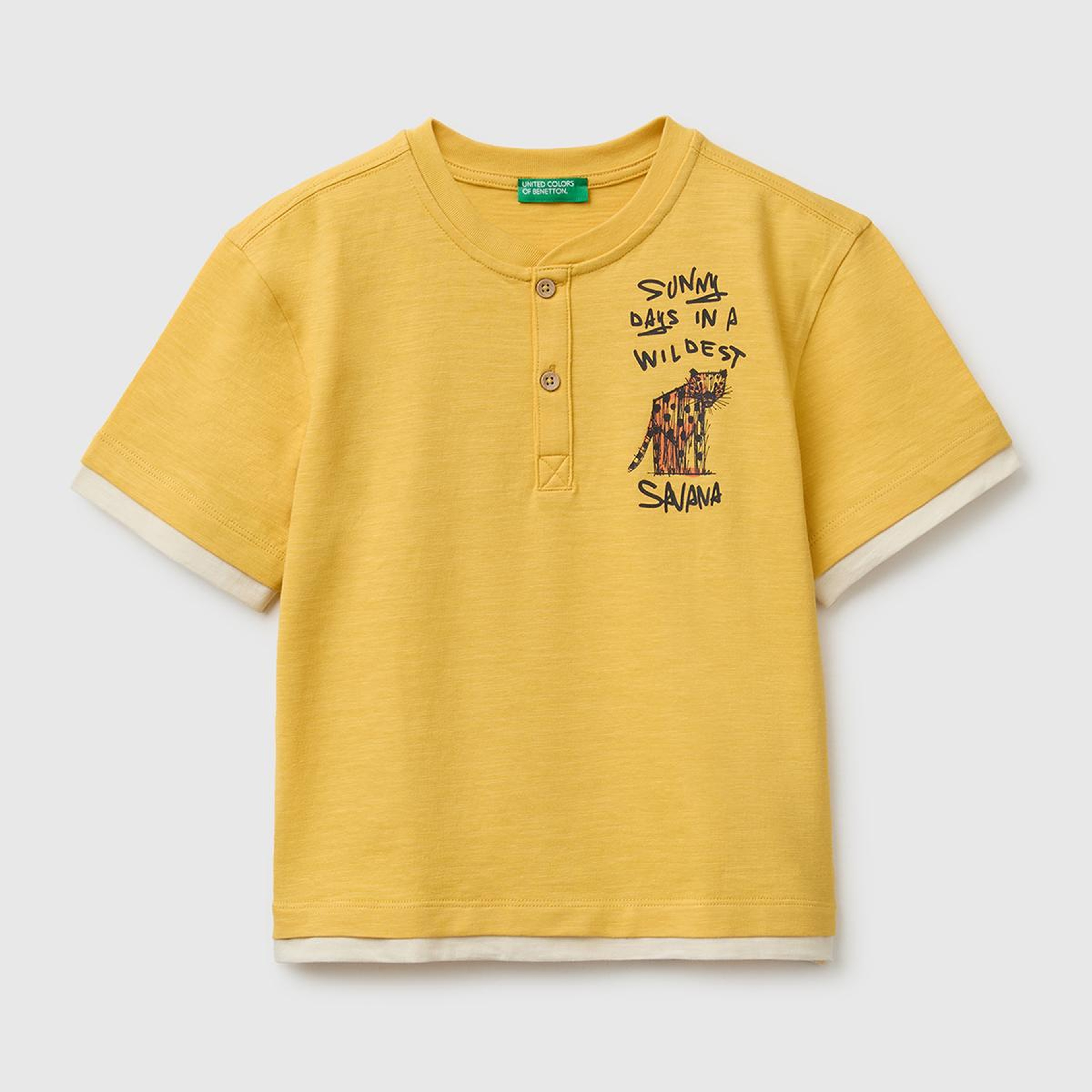 Erkek Çocuk Hardal Sarısı Göğsü Baskı Detaylı Düğmeli Bisiklet Yaka T-Shirt