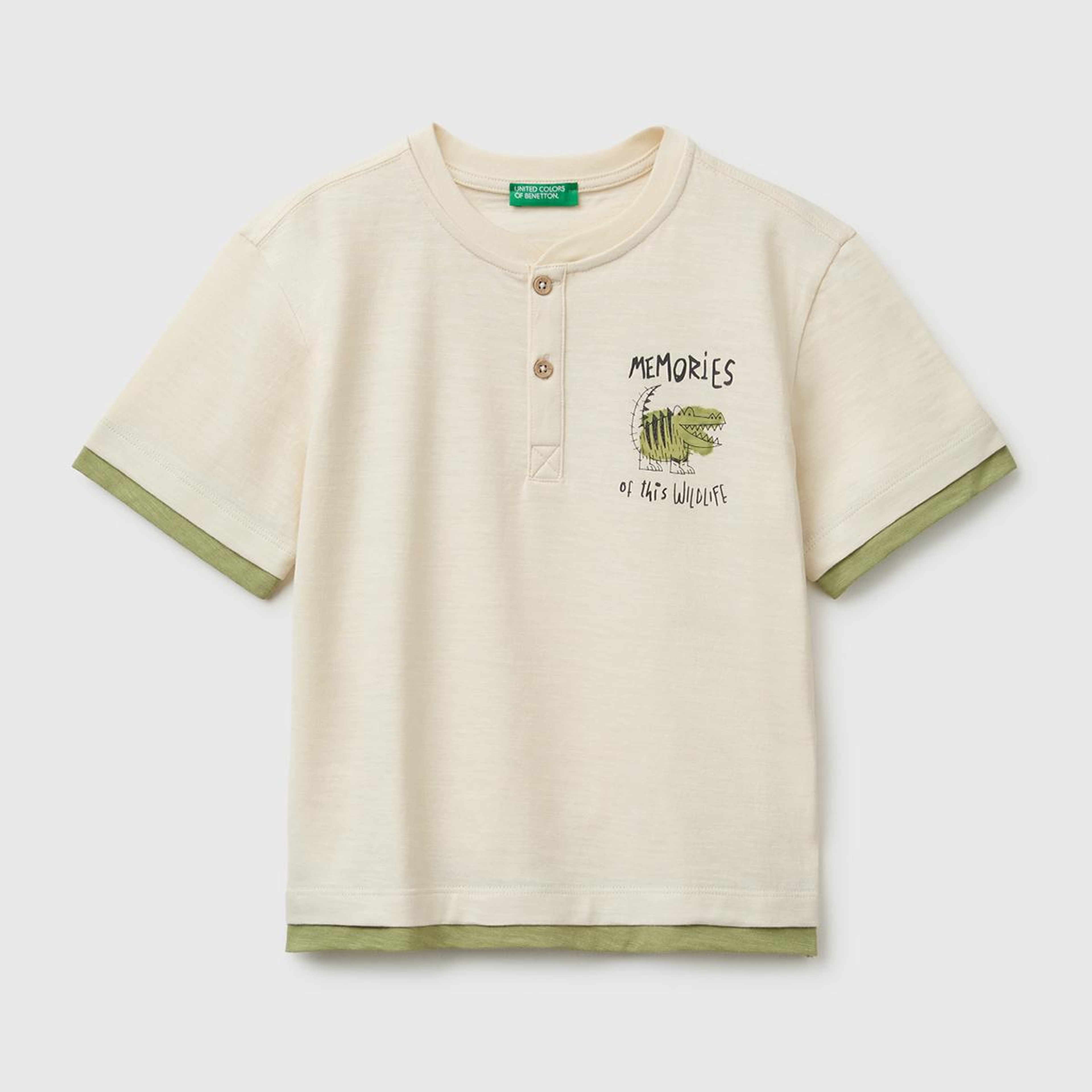 Erkek Çocuk Krem Göğsü Baskı Detaylı Düğmeli Bisiklet Yaka T-Shirt