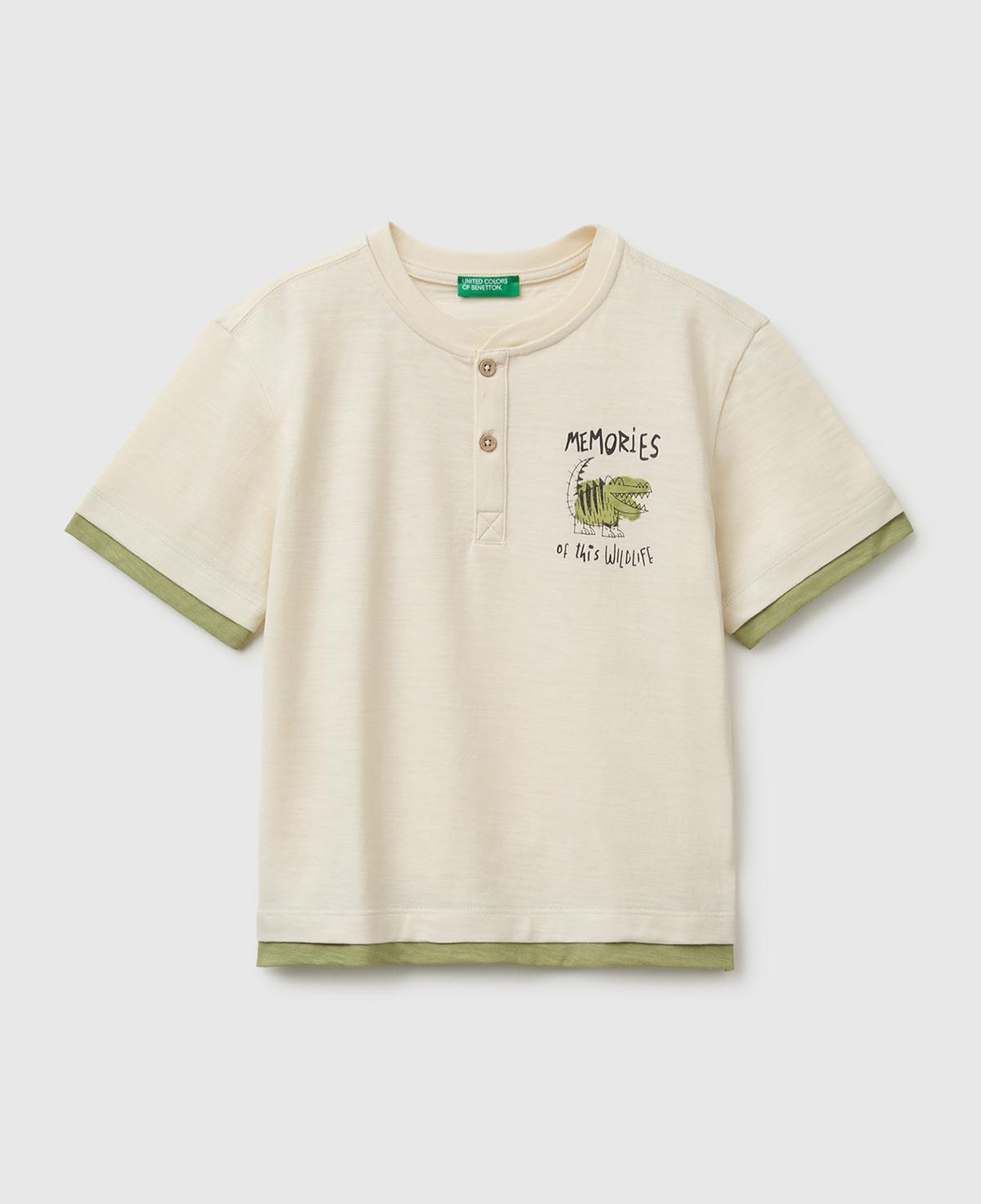 Erkek Çocuk Krem Göğsü Baskı Detaylı Düğmeli Bisiklet Yaka T-Shirt