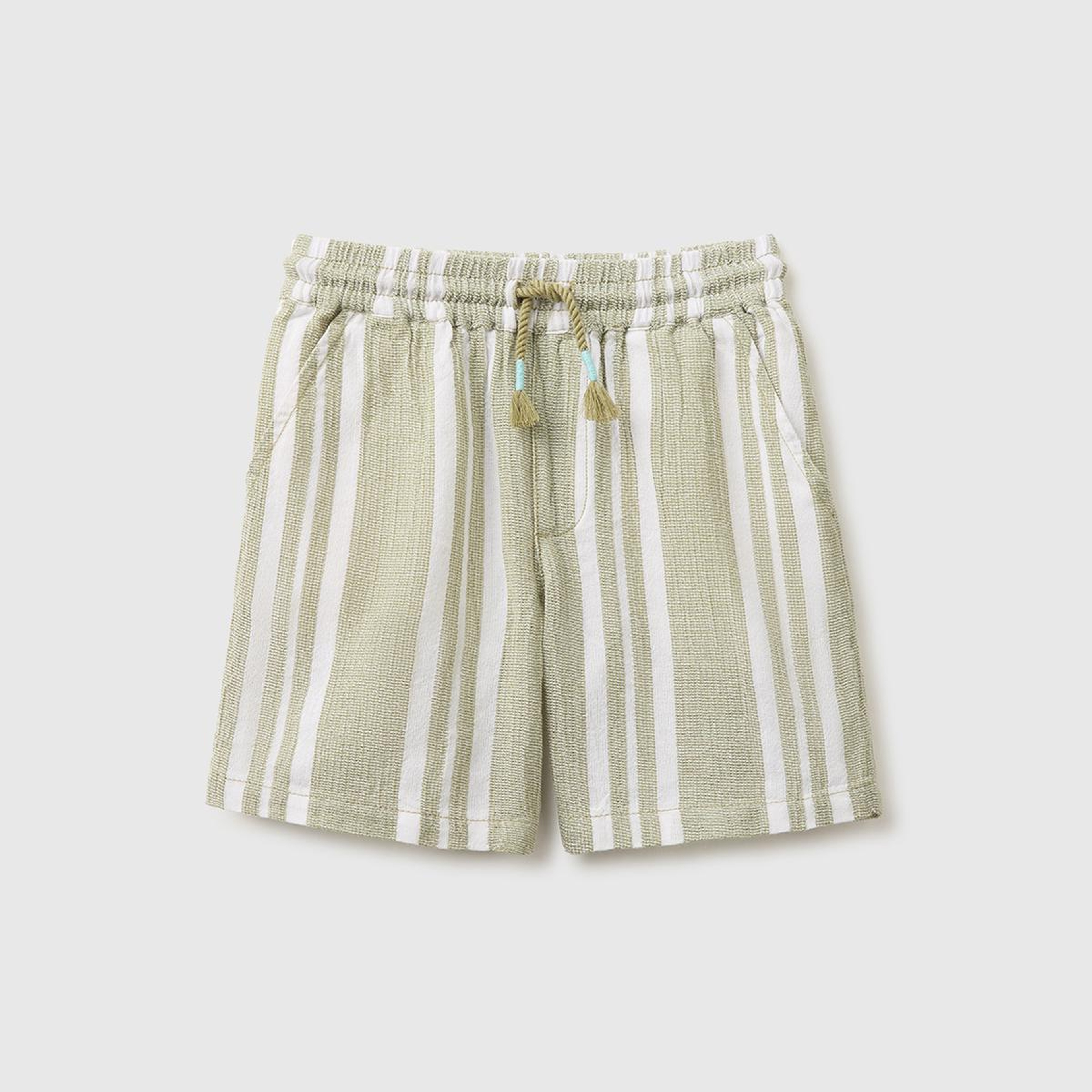 Erkek Çocuk Haki Arka Cebi Logo Detaylı Çizgili Bermuda Şort