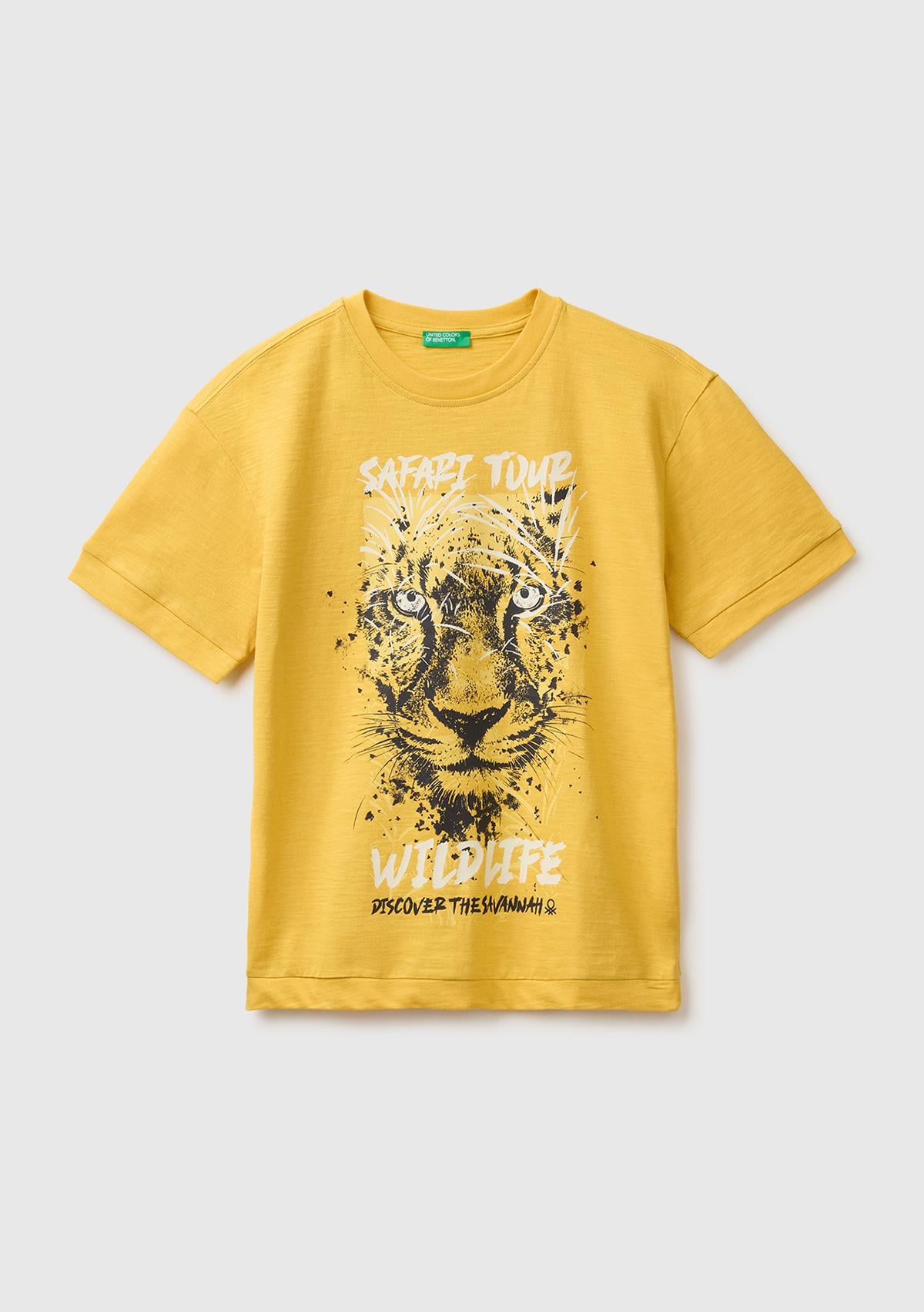 Erkek Çocuk Hardal Sarısı Önü Baskı Detaylı Bisiklet Yaka T-Shirt
