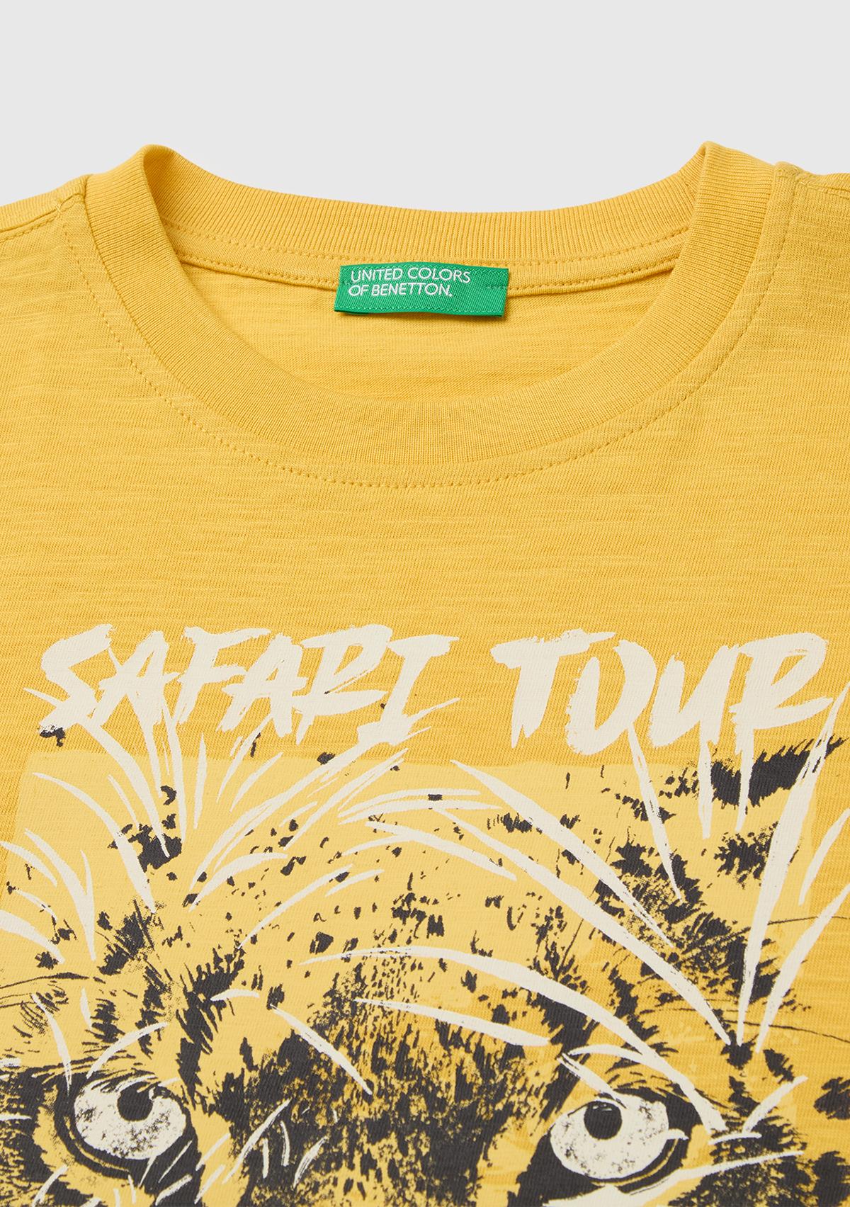 Erkek Çocuk Hardal Sarısı Önü Baskı Detaylı Bisiklet Yaka T-Shirt