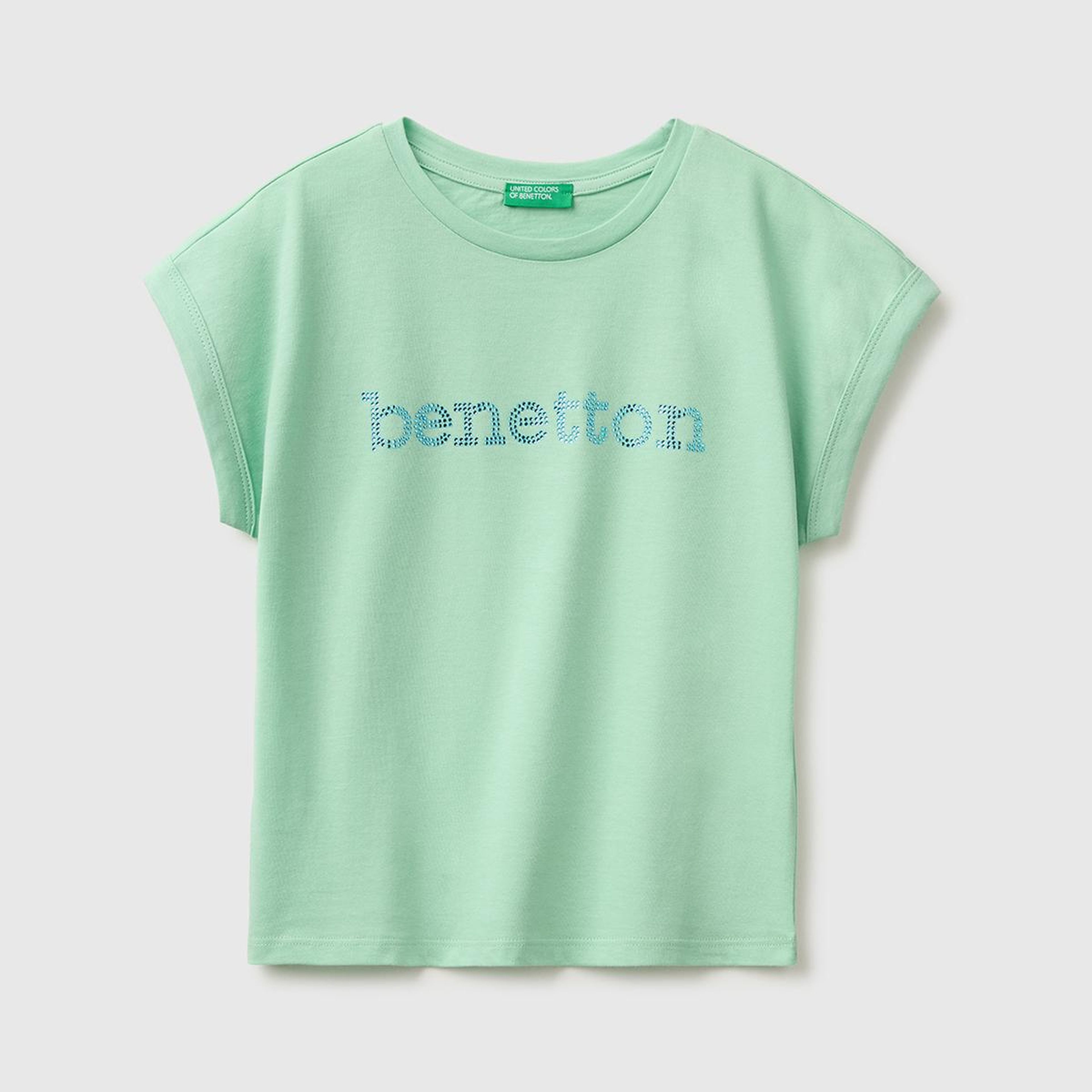 Kız Çocuk Yeşil Renkli Taş Detaylı Bisiklet Yaka T-Shirt