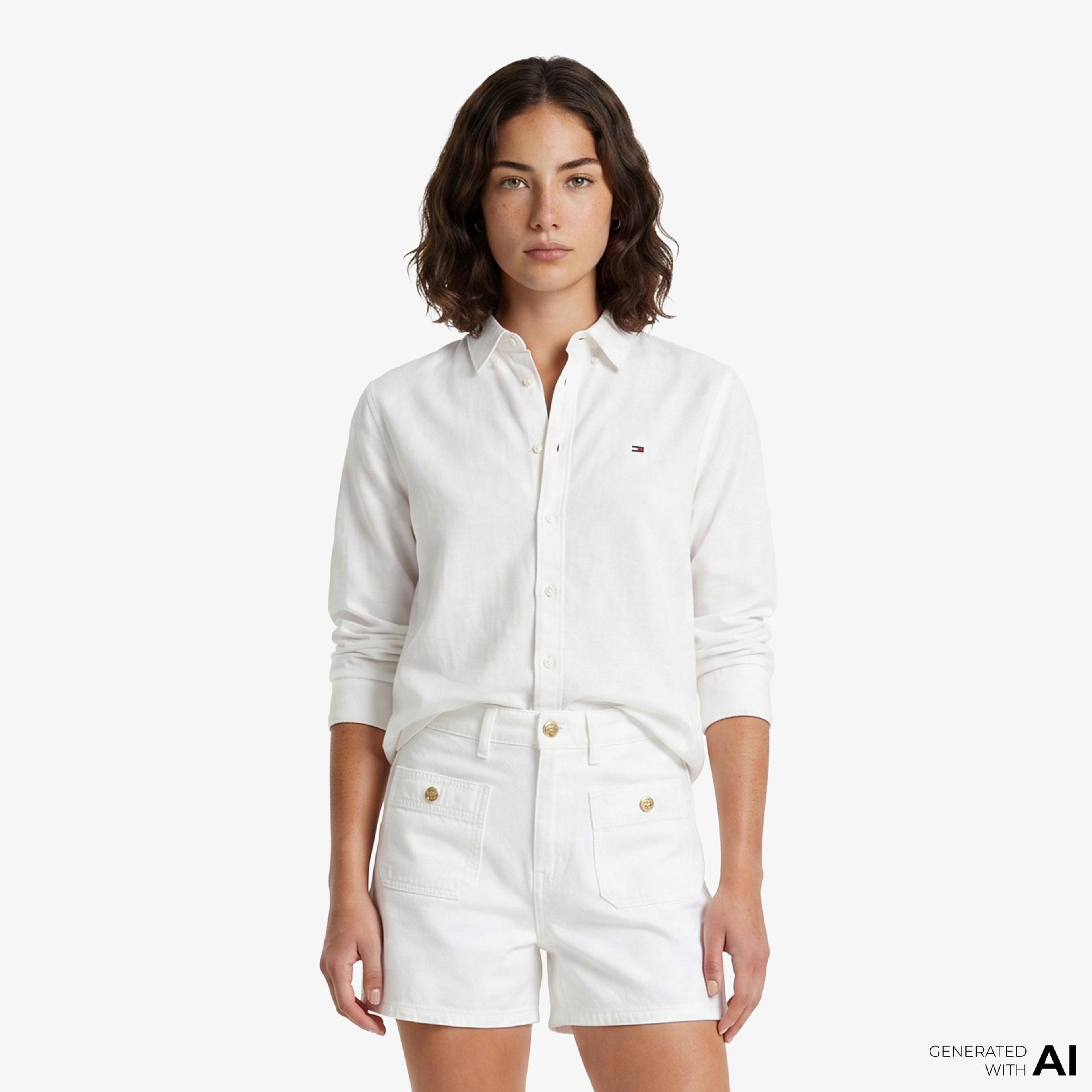 Tommy Hilfiger Denim Essentials Kadın Beyaz Gömlek