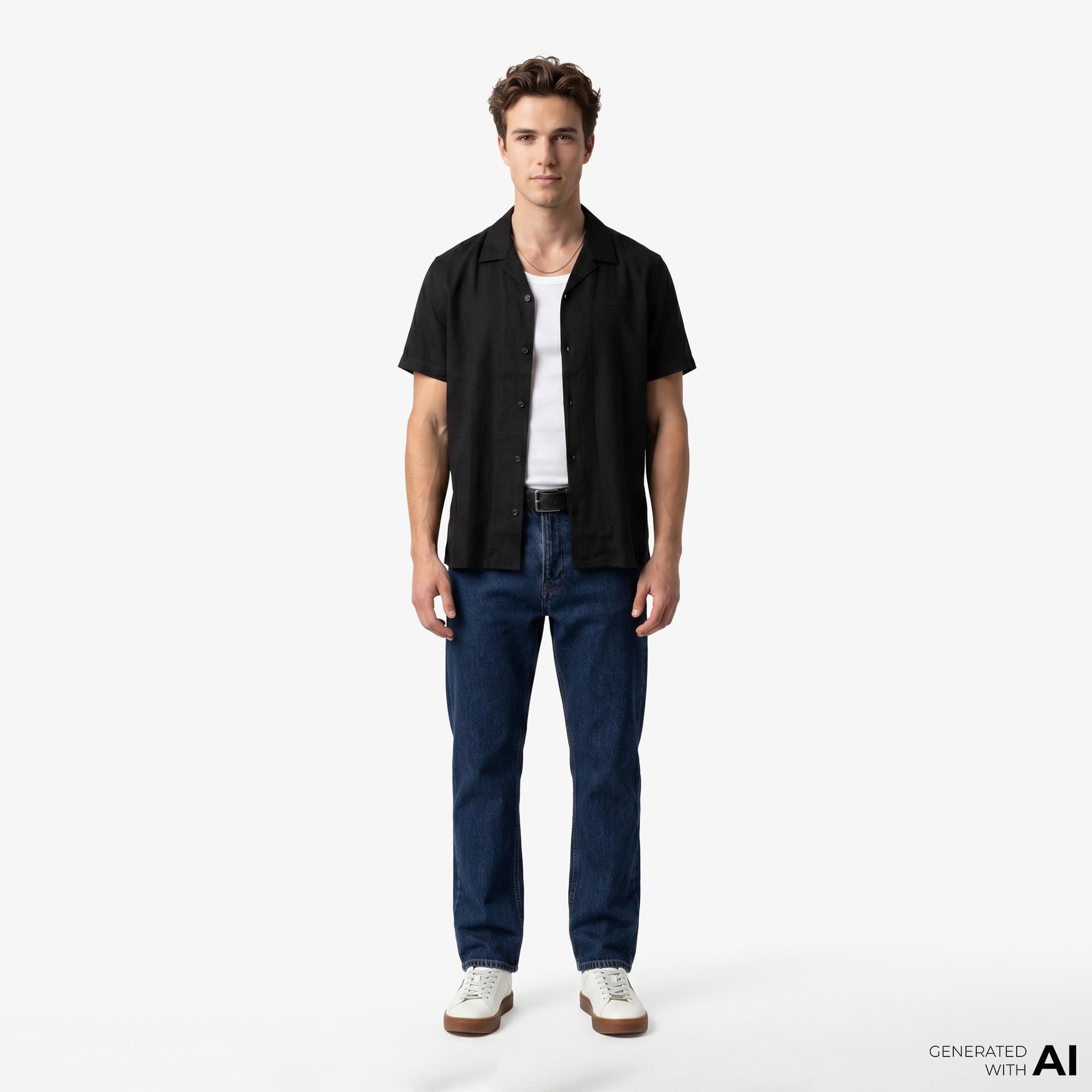 Calvin Klein Camp Collar Solid Linen Class Erkek Siyah Gömlek