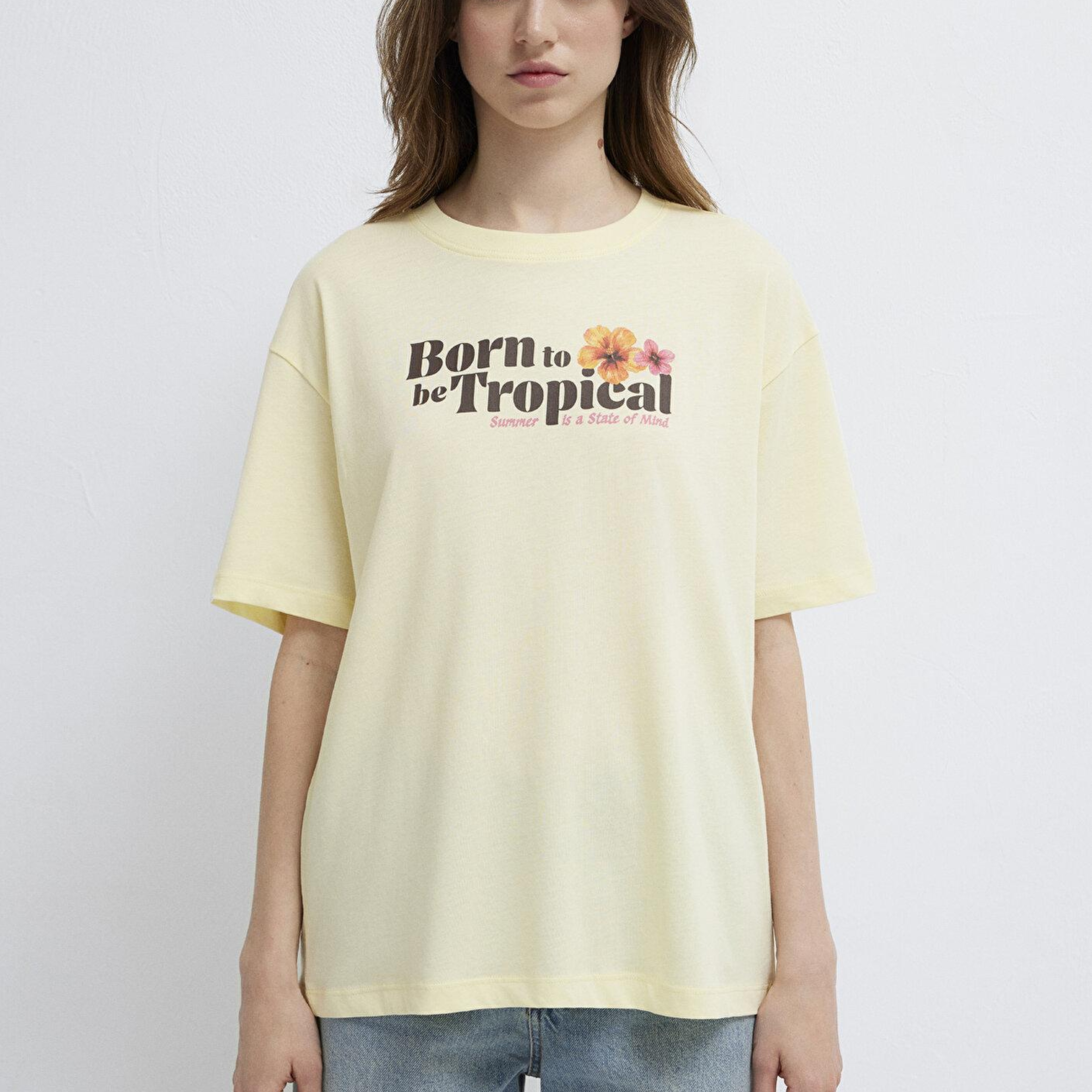 Mavi Tropical Baskılı Sarı Tişört Loose Fit / Bol Rahat Kesim 1614151-71305