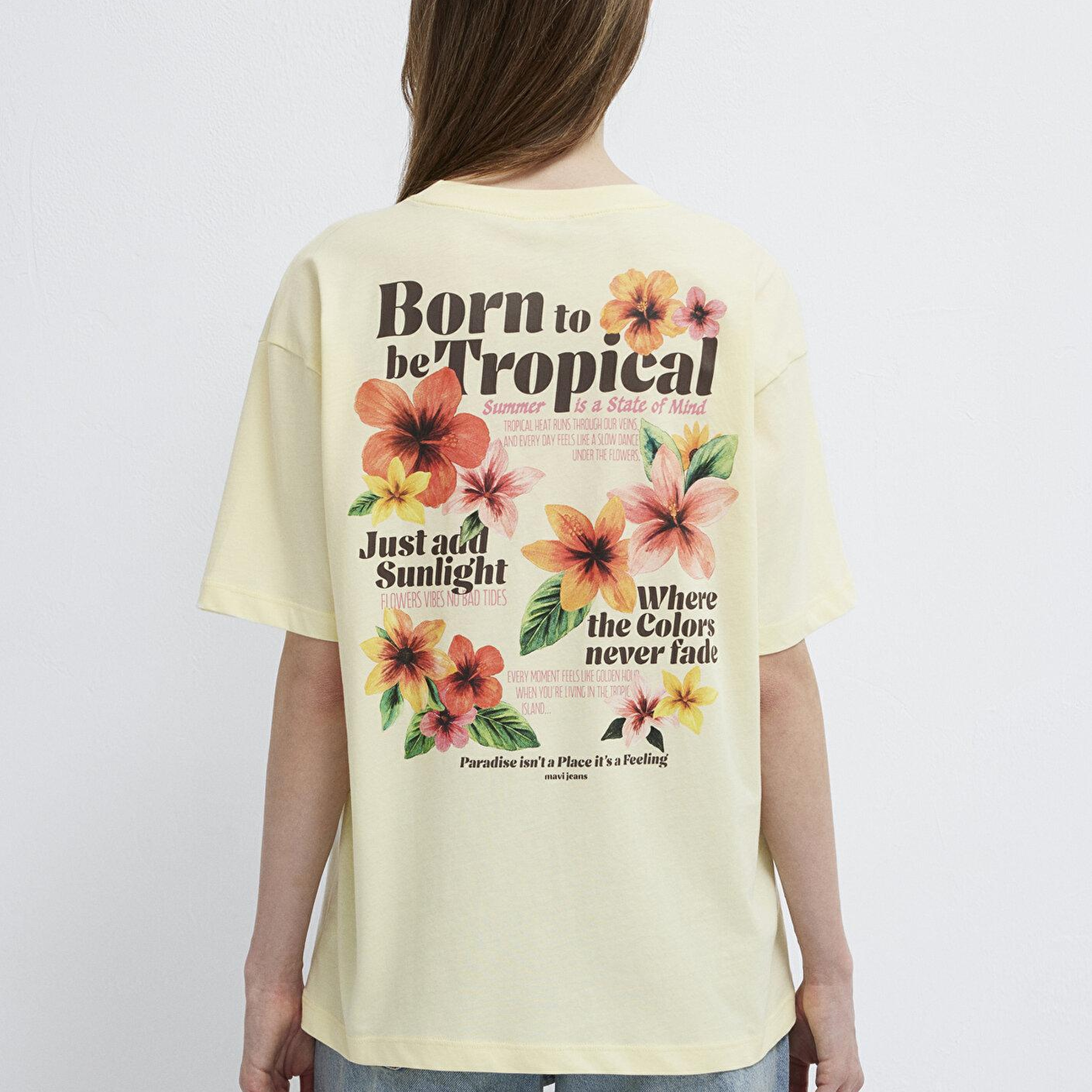 Mavi Tropical Baskılı Sarı Tişört Loose Fit / Bol Rahat Kesim 1614151-71305