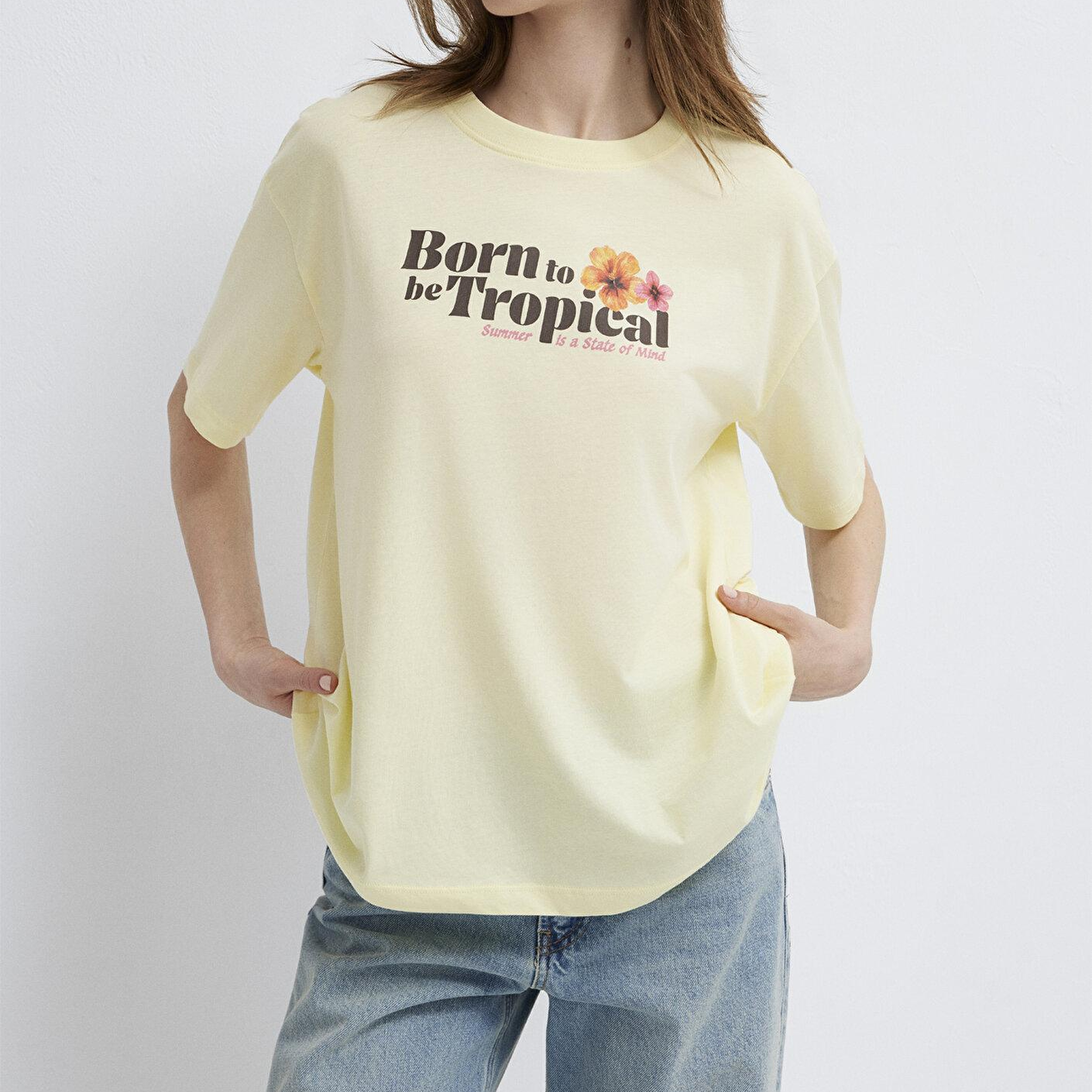 Mavi Tropical Baskılı Sarı Tişört Loose Fit / Bol Rahat Kesim 1614151-71305