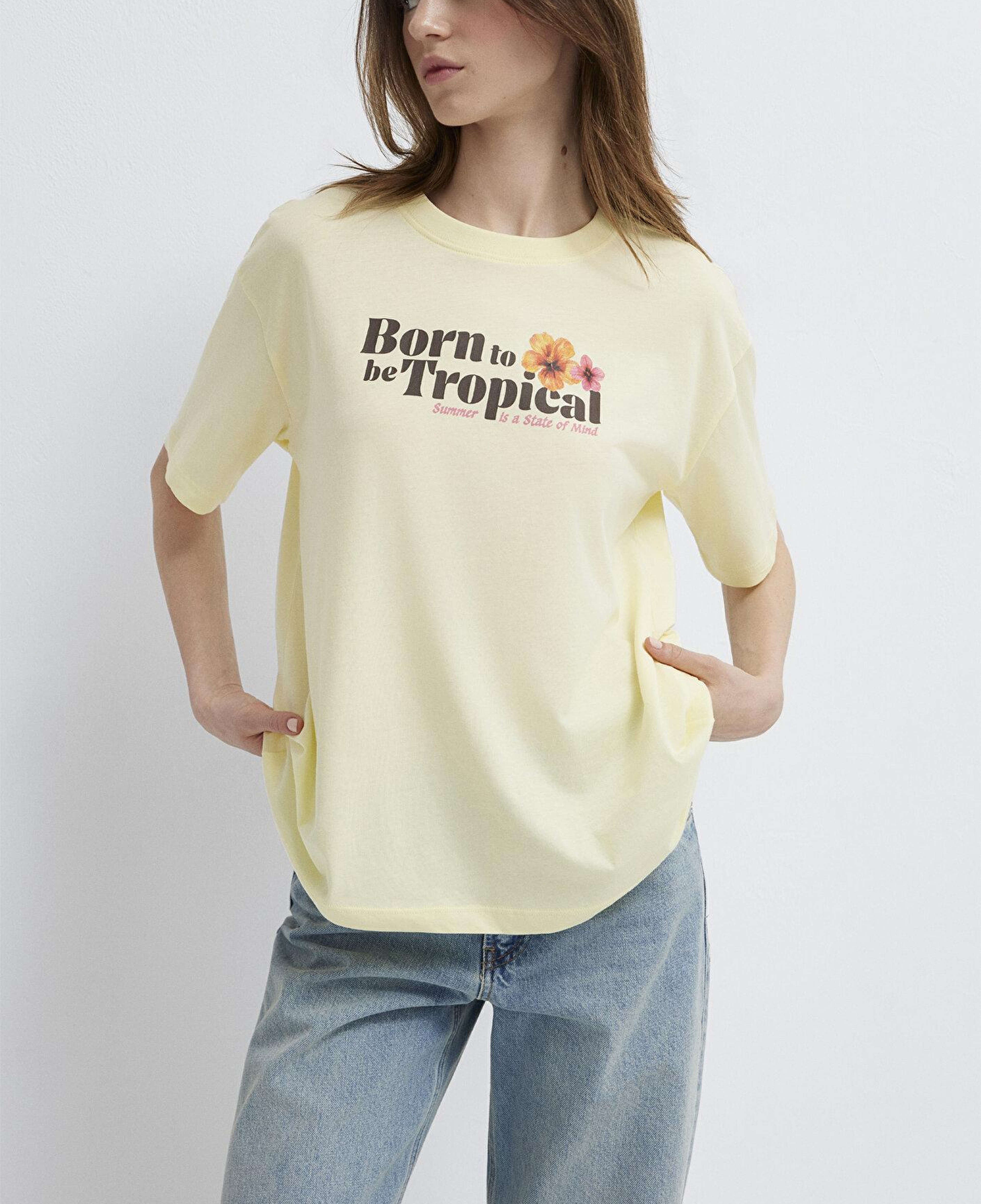 Mavi Tropical Baskılı Sarı Tişört Loose Fit / Bol Rahat Kesim 1614151-71305